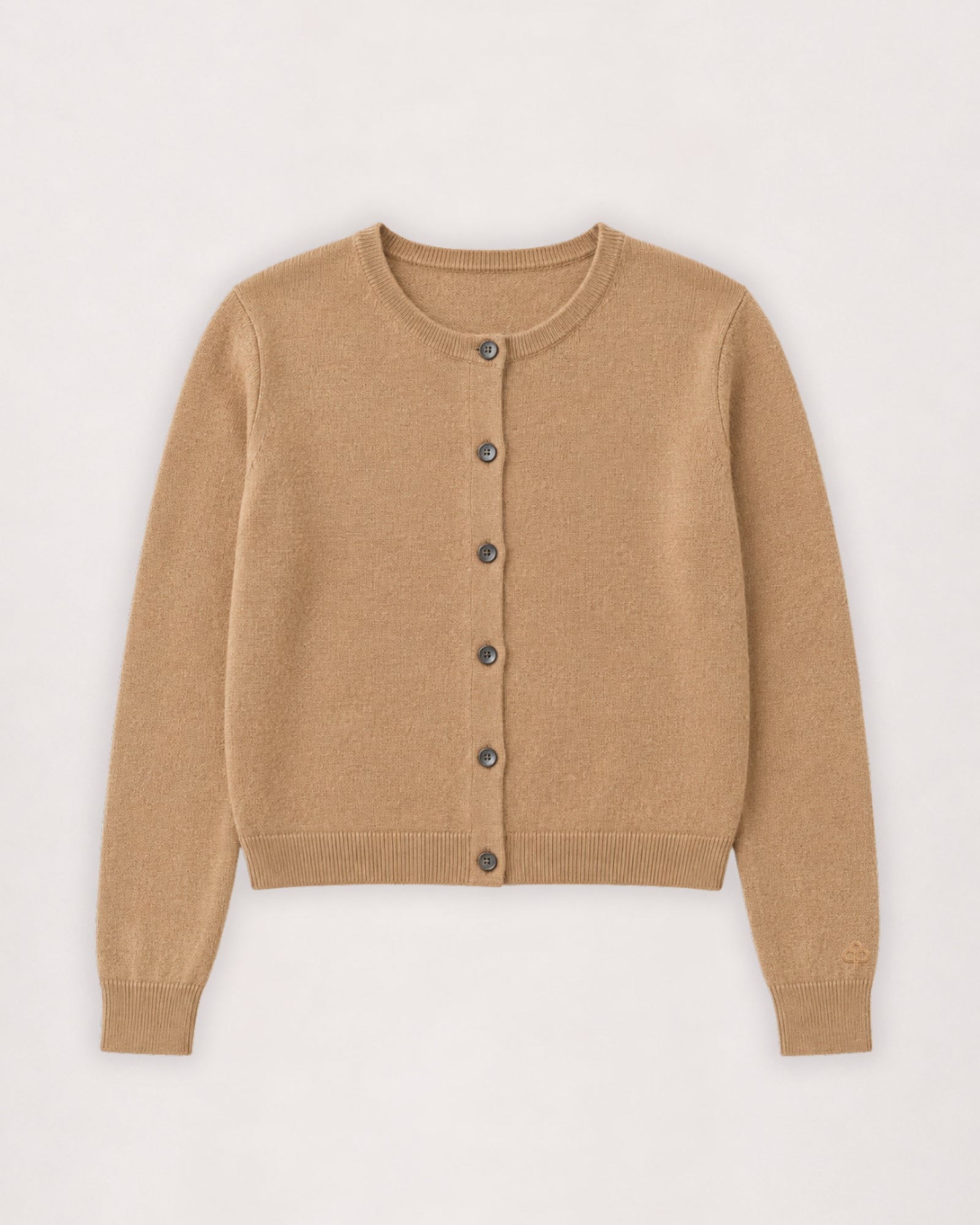 Merino cardigan in camel, flat lay front view with button placket