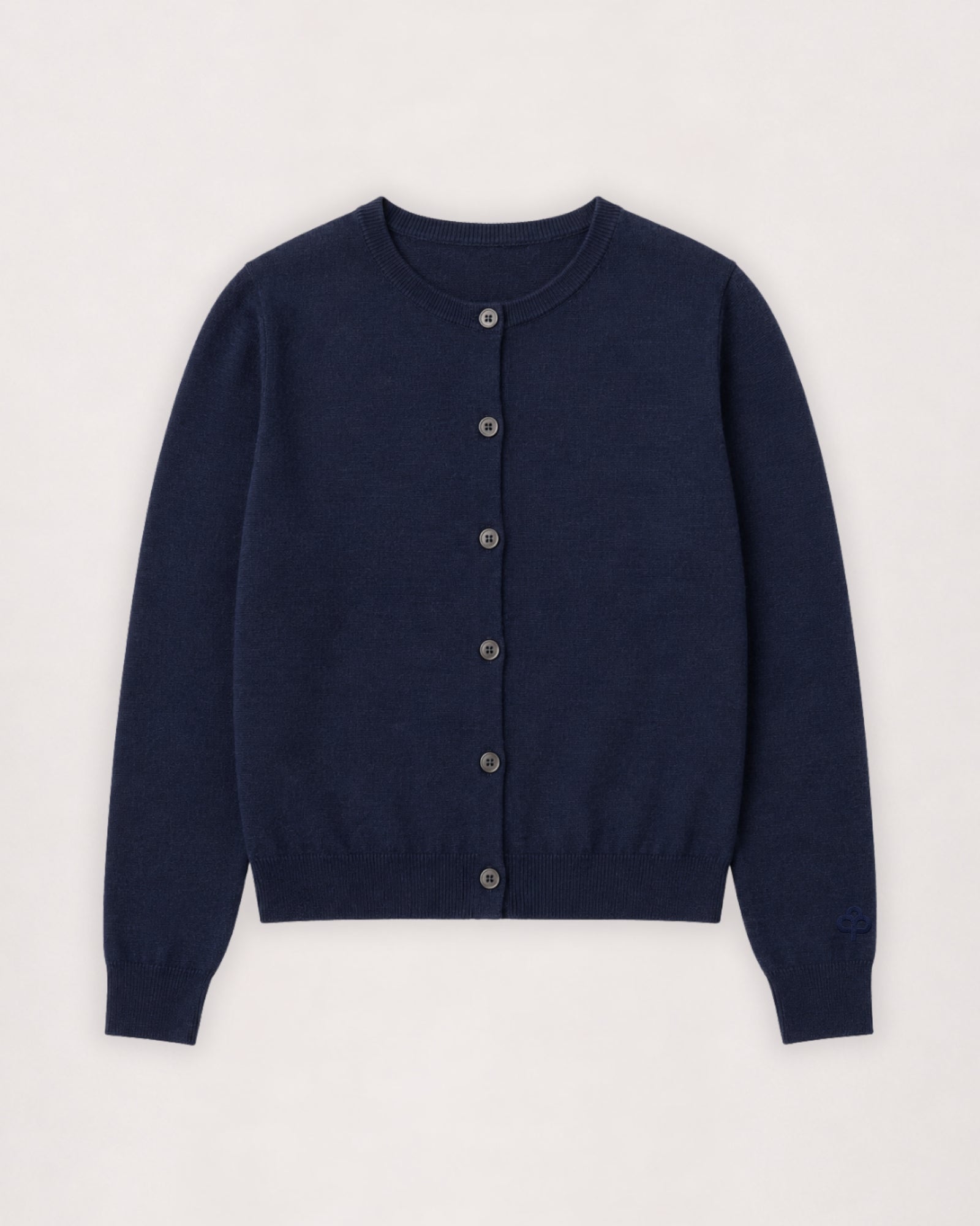 Merino cardigan in navy, flat lay front view with button placket