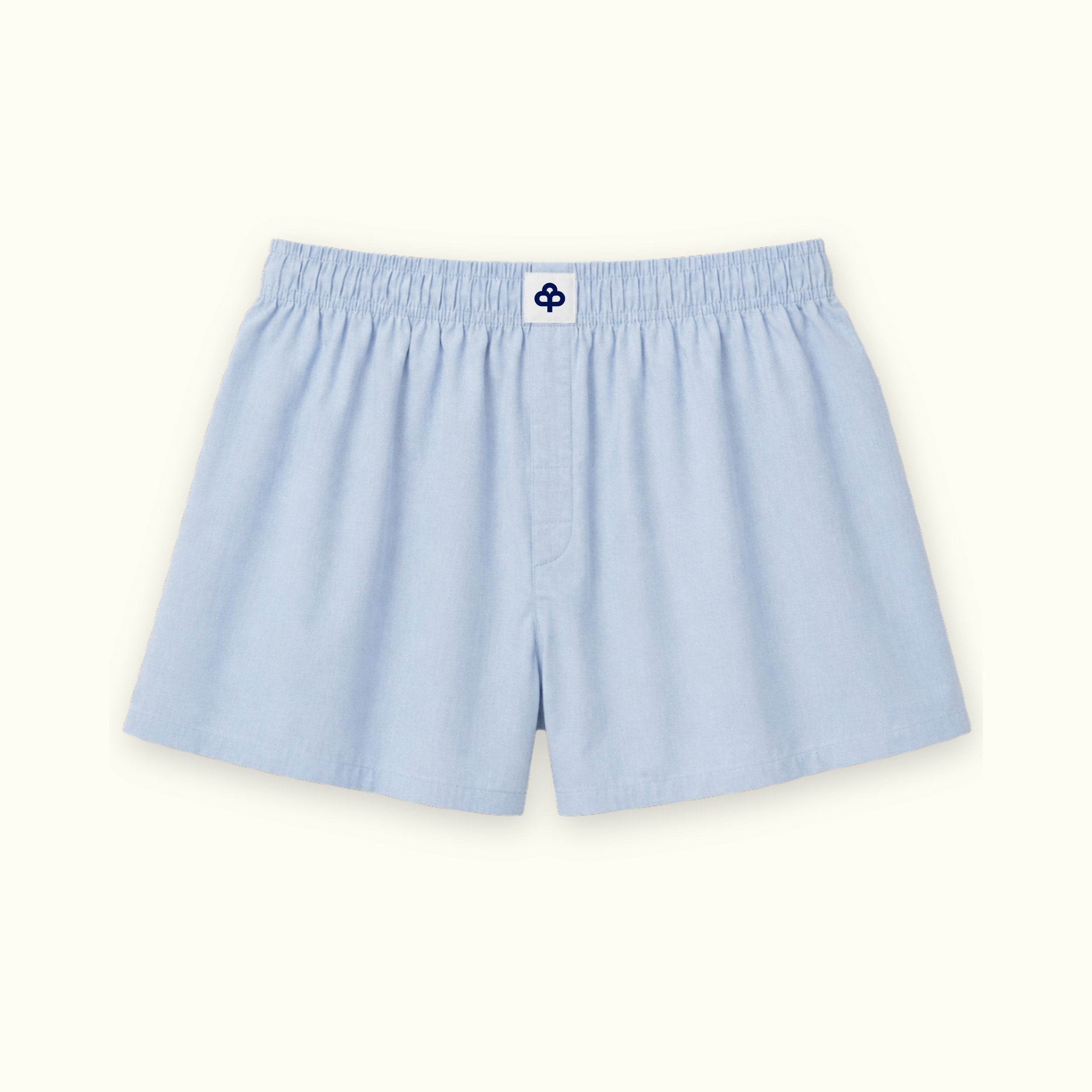 Shorts boxer in cotone azzurri, vista frontale, con vita e linea della gamba