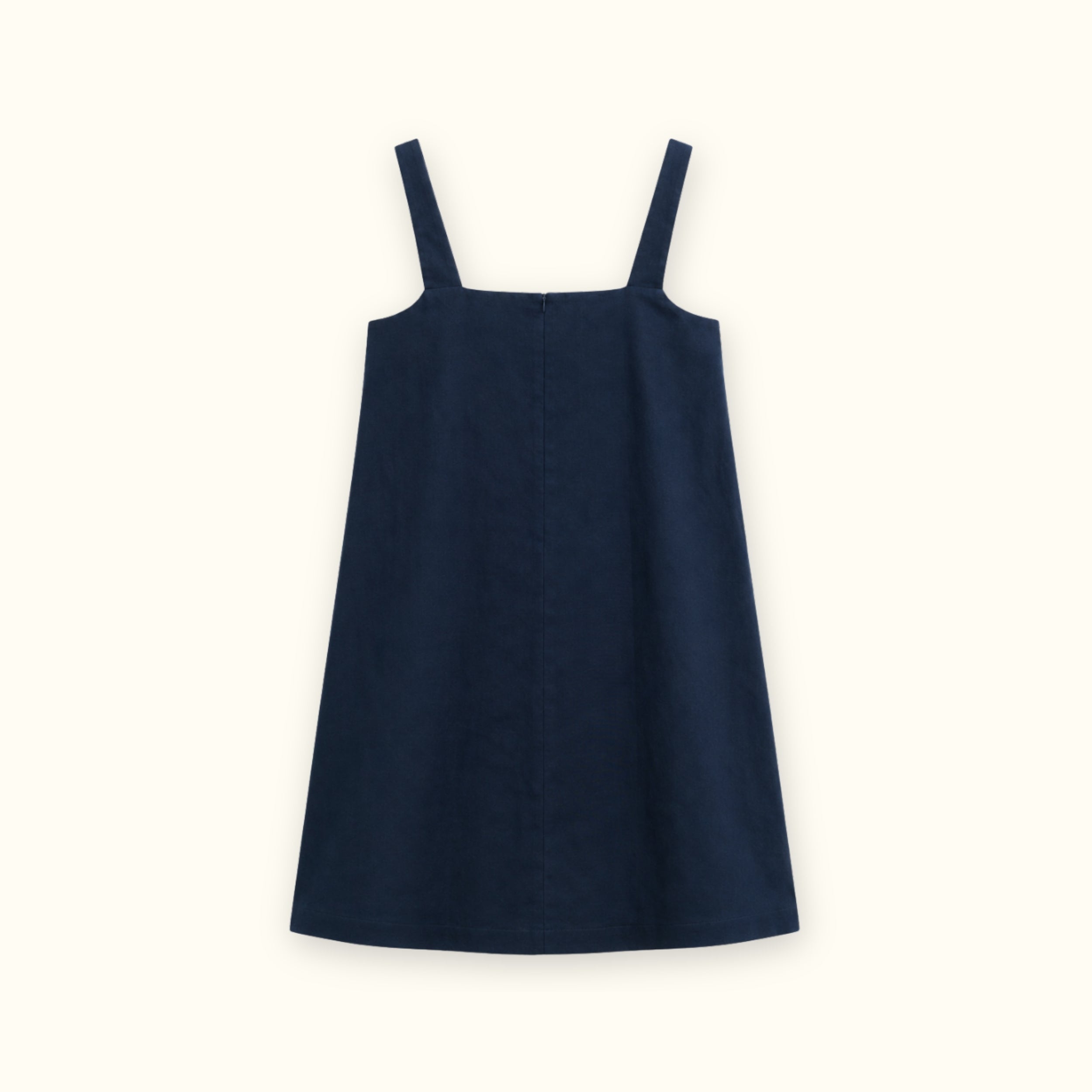 Vestito mini in lino blu navy, vista posteriore, con scollo e silhouette del vestito