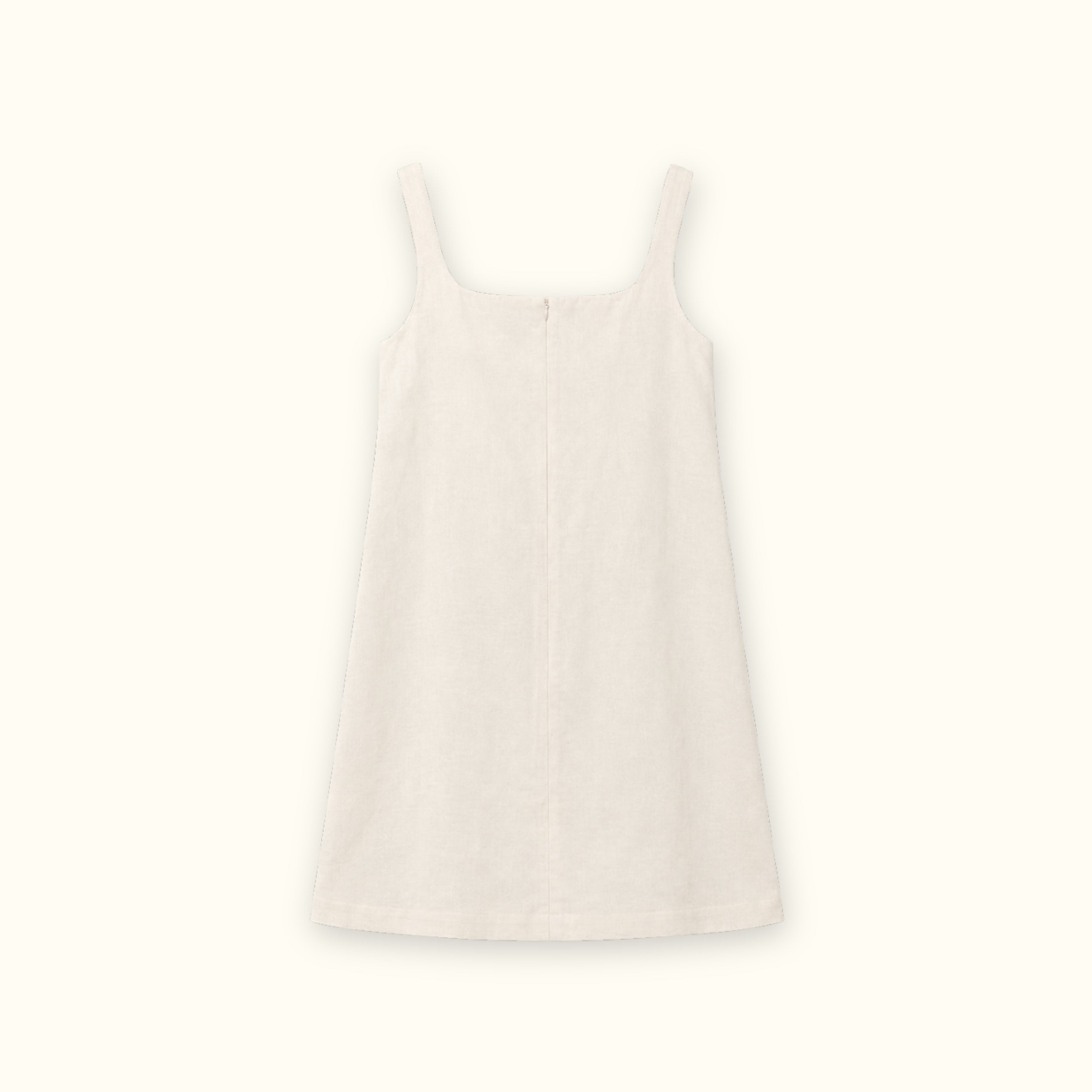 Vestito mini in lino Off White, vista posteriore, con scollo e silhouette del vestito