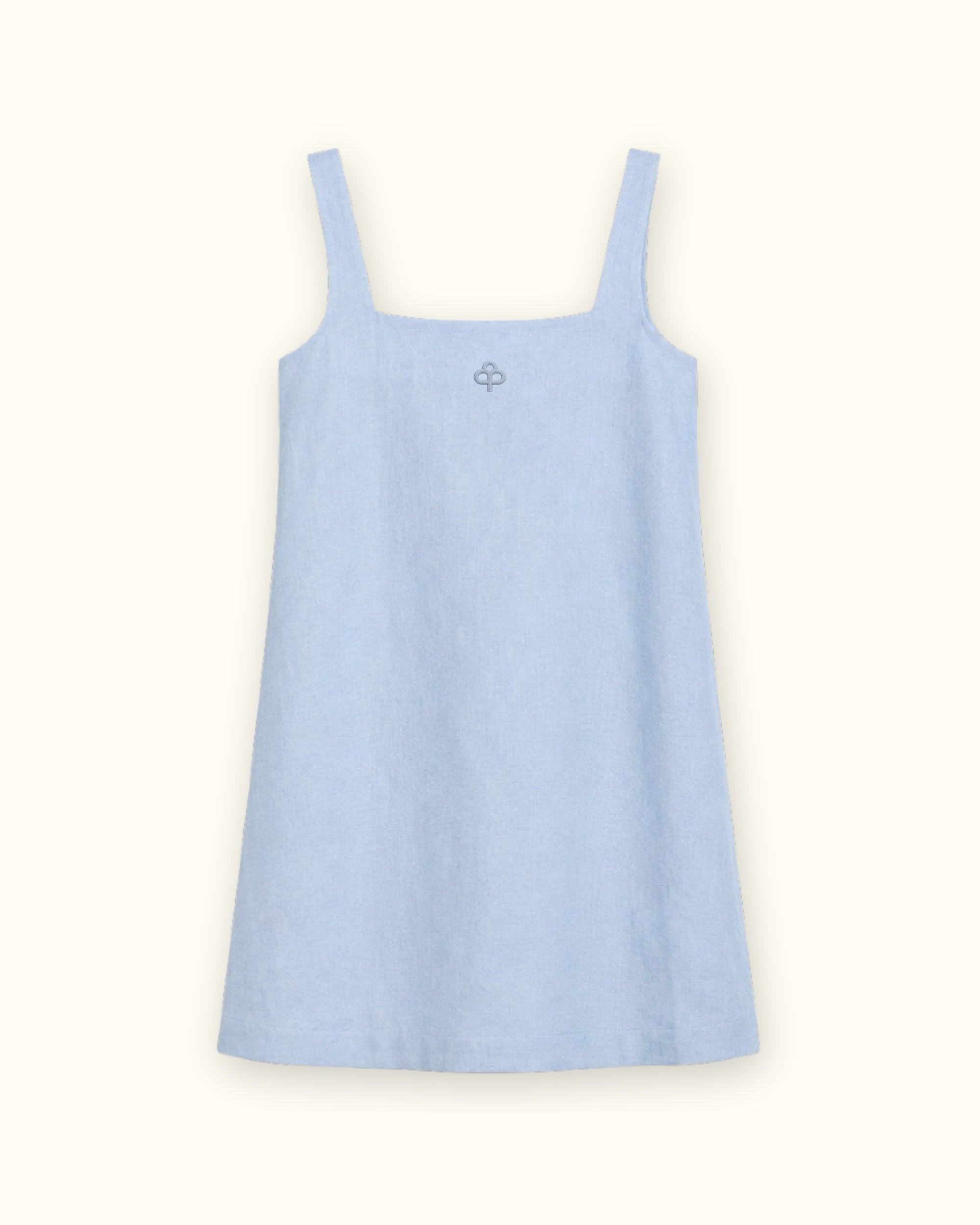 Mini-Leinenkleid in Hellblau, Vorderansicht, mit Ausschnitt und Kleidersilhouette