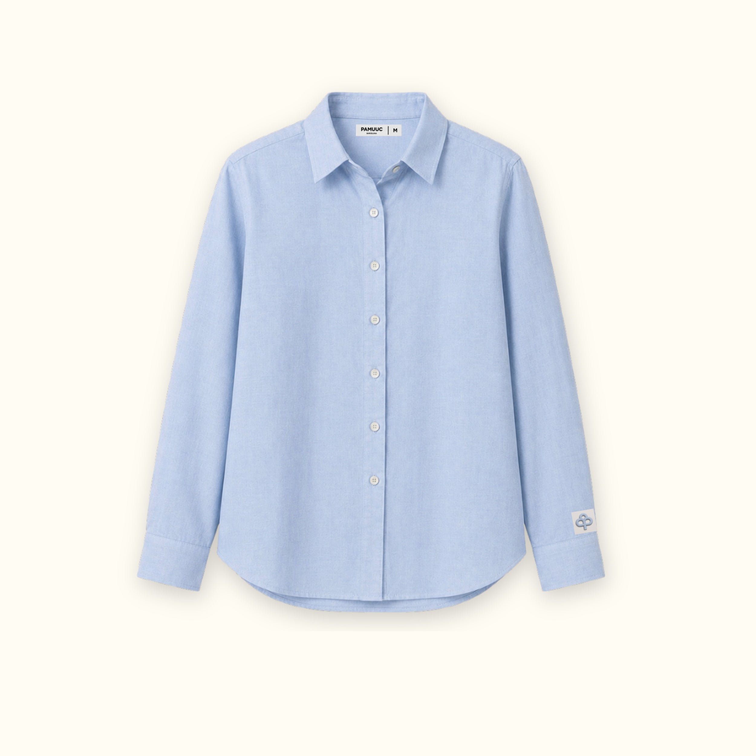 Camicia in lino regular fit azzurra, vista frontale, con colletto, fondo e taglio rilassato