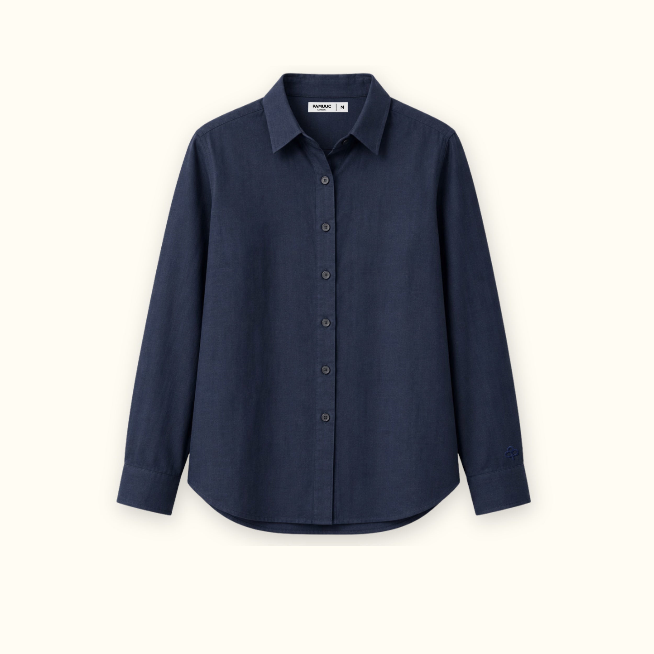 Camicia in lino regular fit blu navy, vista frontale, con colletto, fondo e taglio rilassato