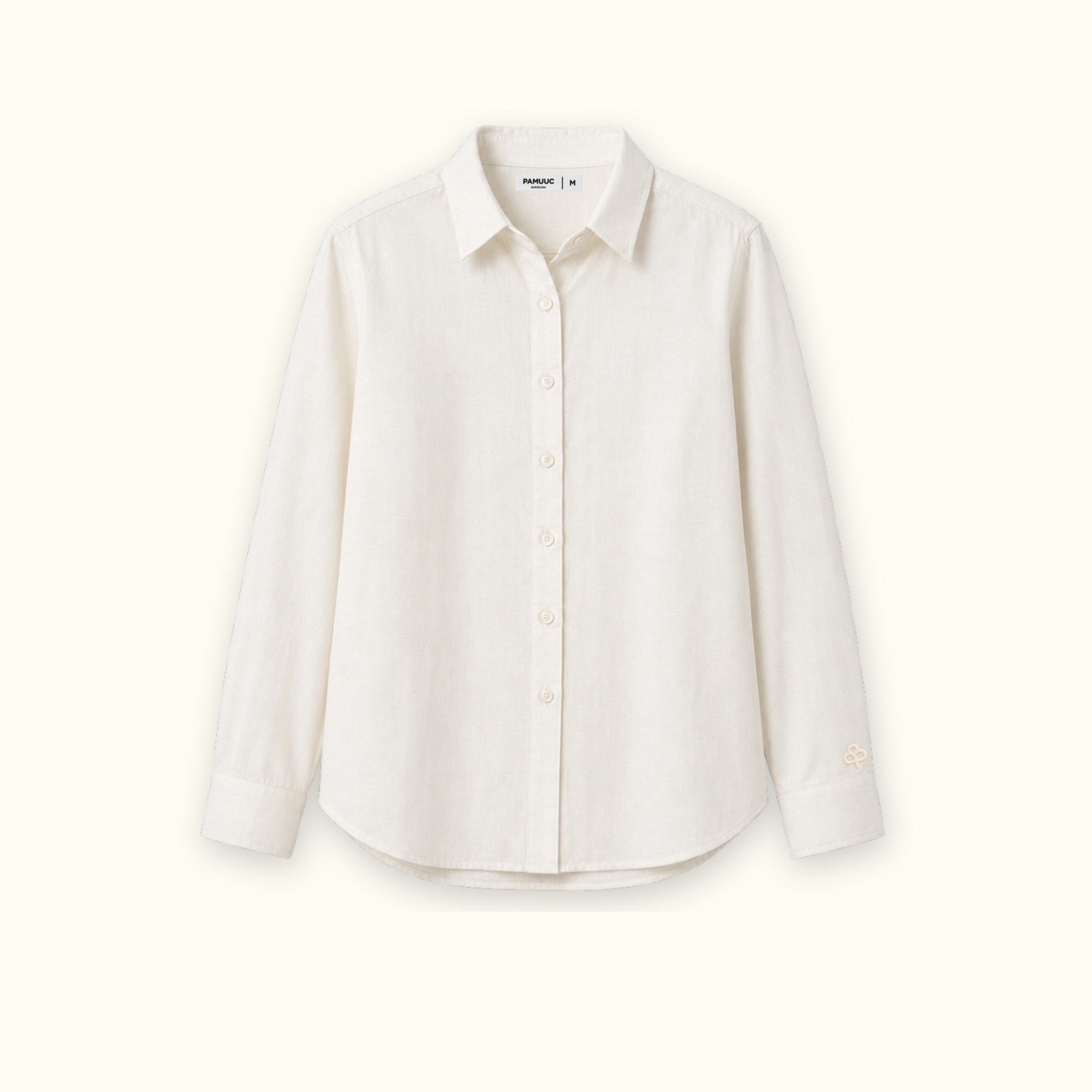 Camicia in lino regular fit Off White, vista frontale, con colletto, fondo e taglio rilassato