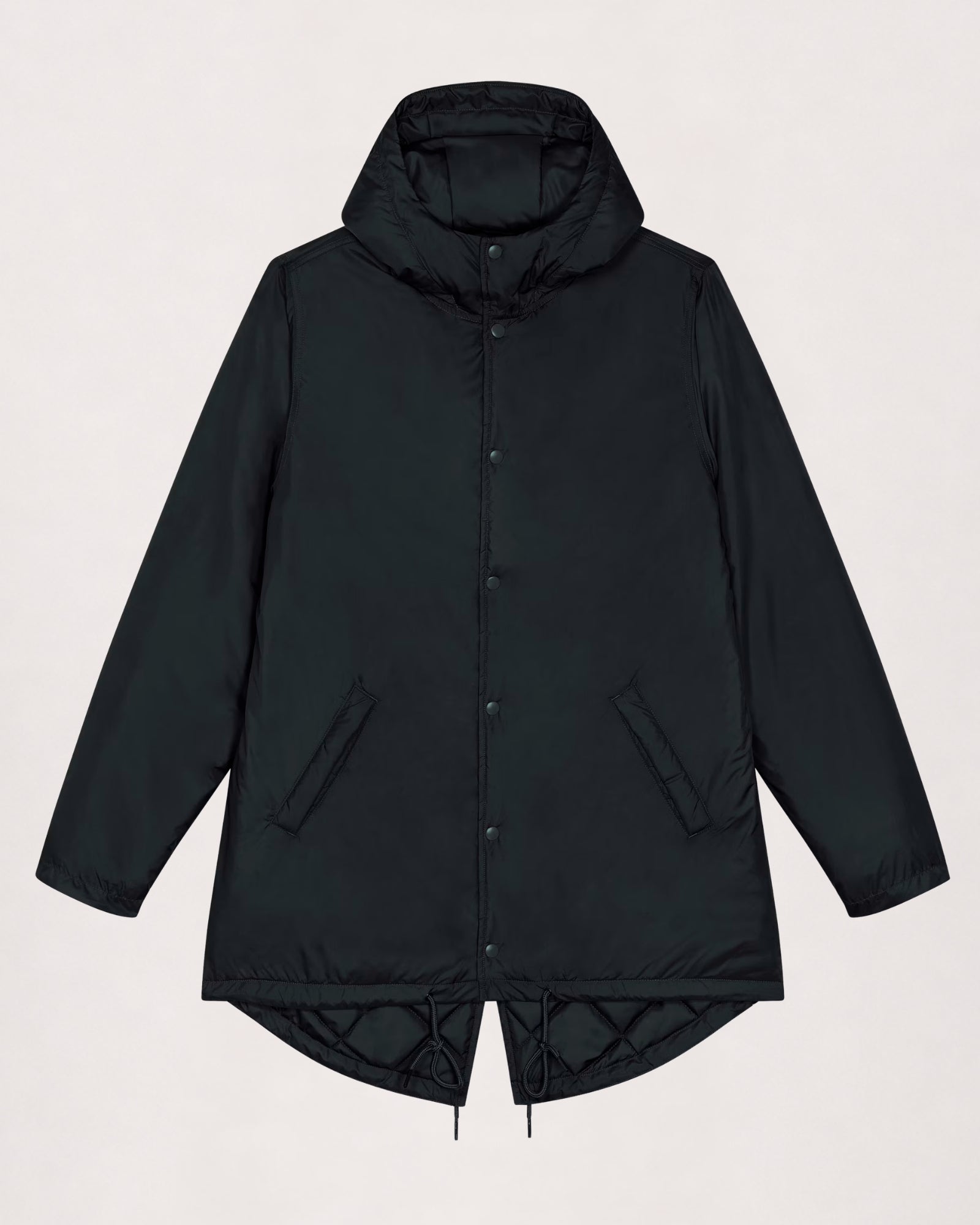 Padded parka in black, flat lay front view with snap placket and side pockets