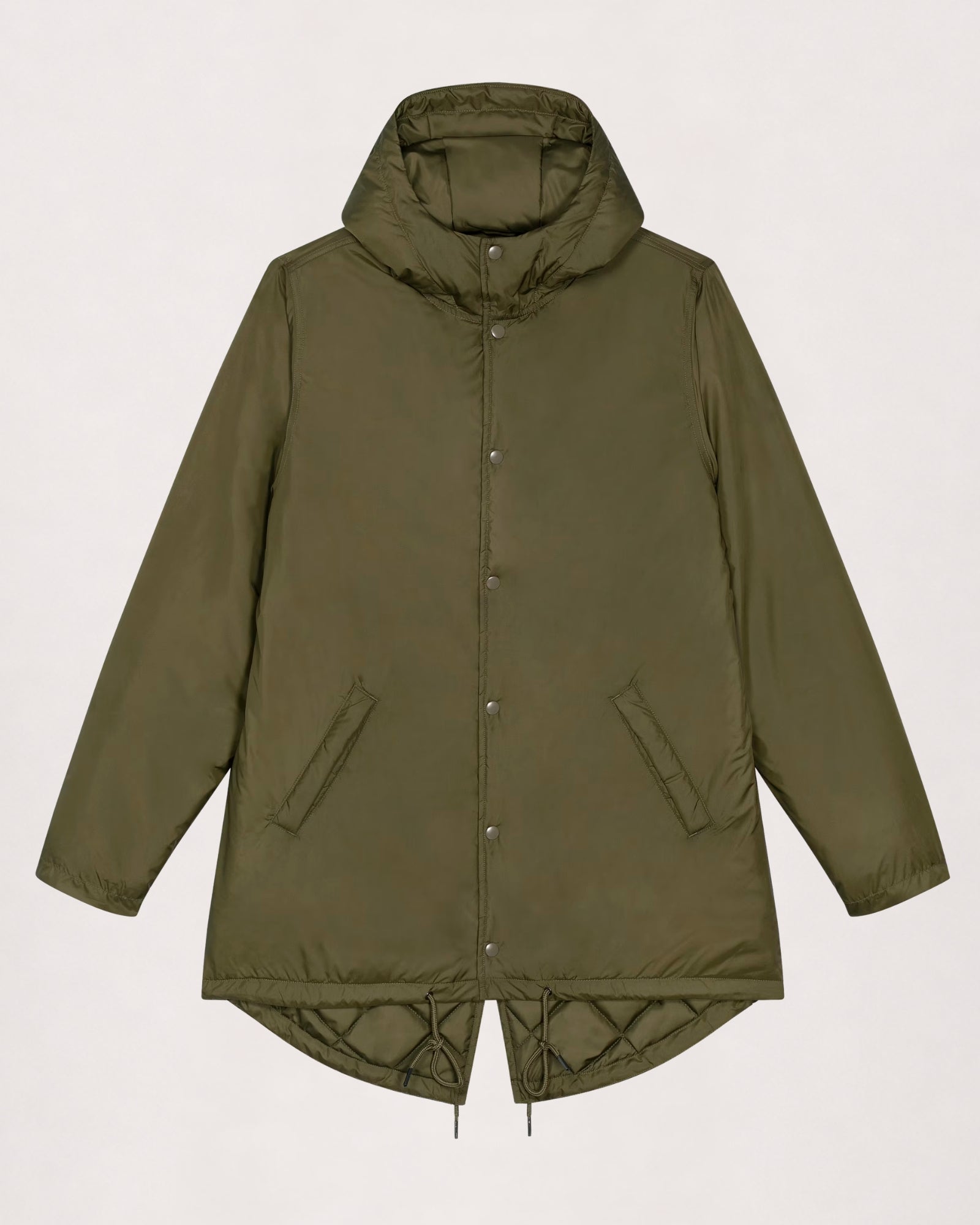 Padded parka in khaki, flat lay front view with snap placket and side pockets