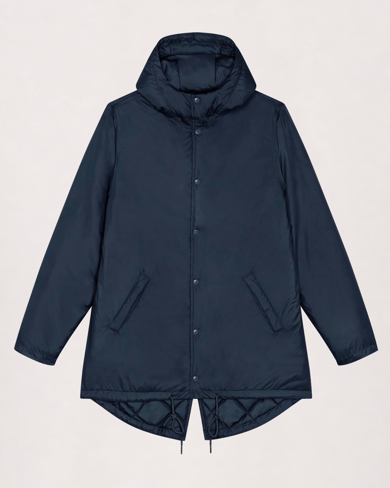 Padded parka in navy, flat lay front view with snap placket and side pockets