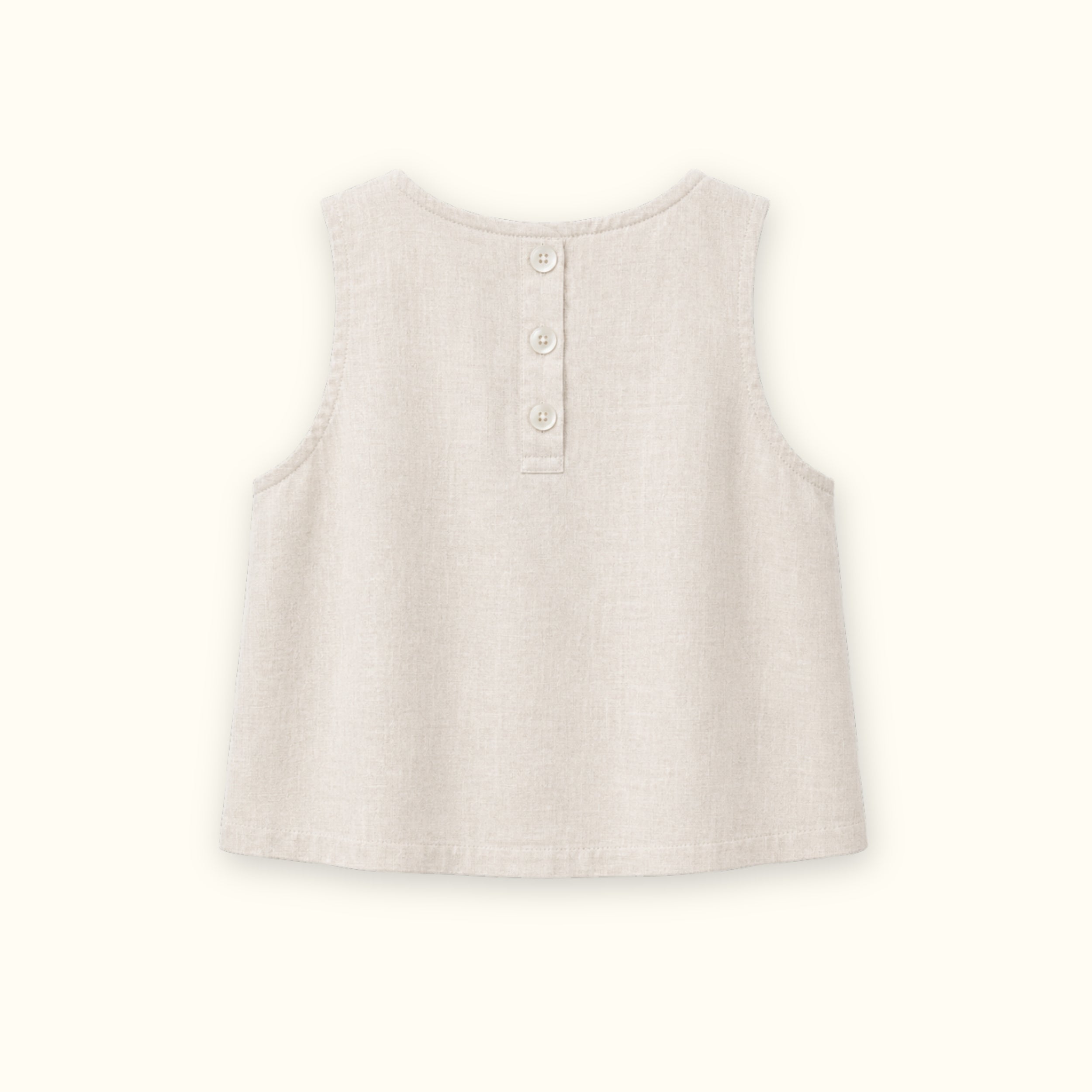 Top in lino senza maniche Off White, vista posteriore, con scollo e linea senza maniche