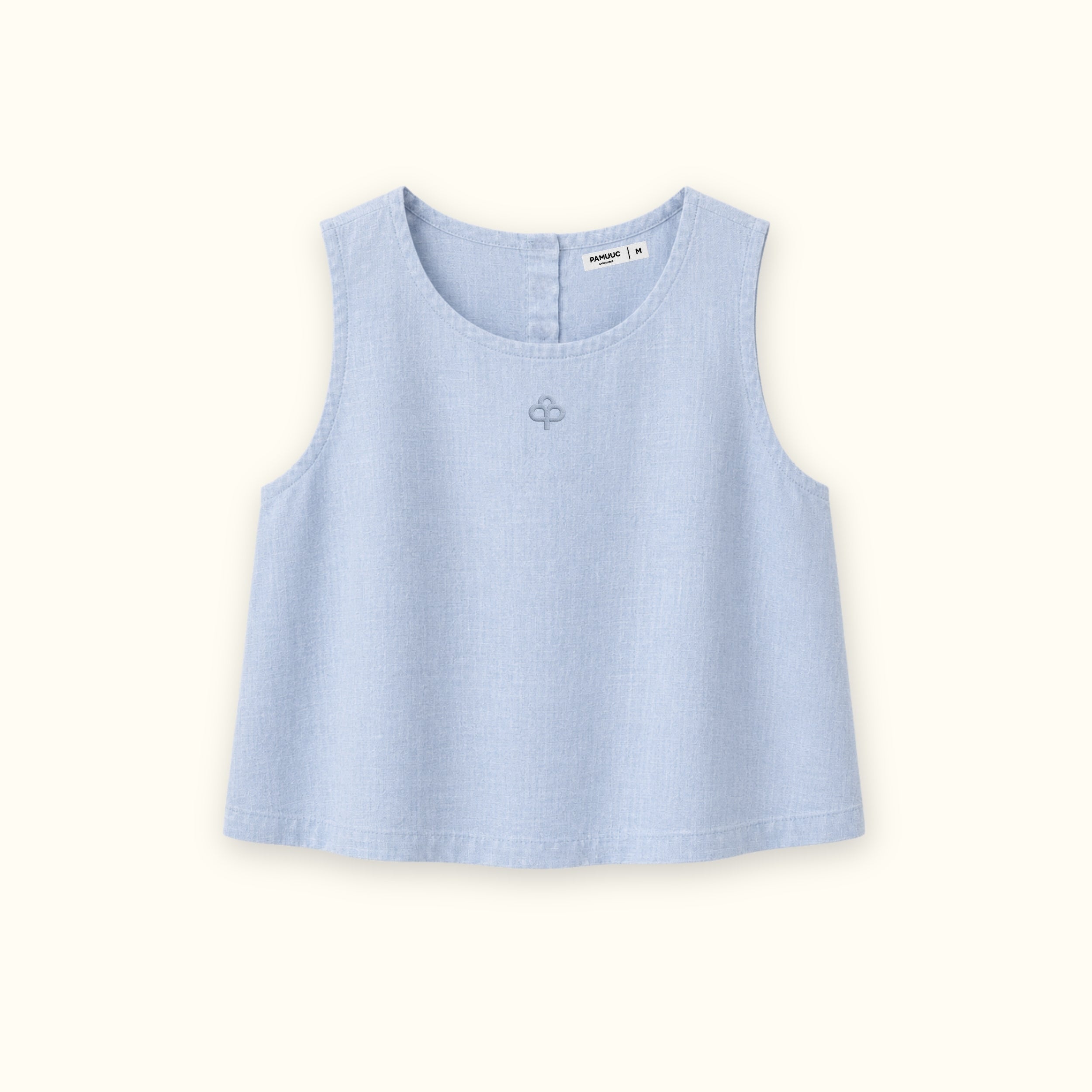 Top in lino senza maniche azzurro, vista frontale, con scollo e linea senza maniche