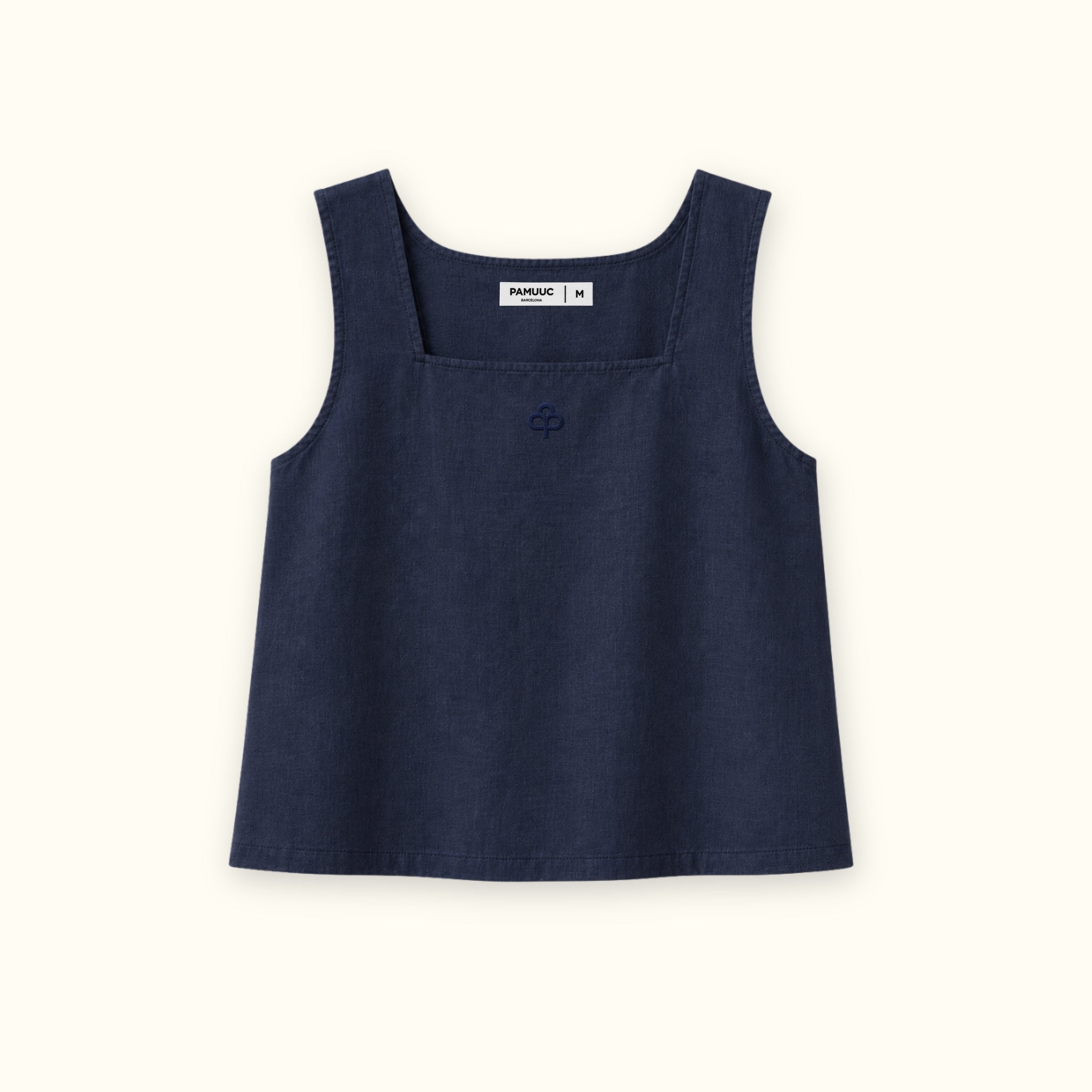 Top in lino con scollo quadrato blu navy, vista frontale, con scollo e linea senza maniche