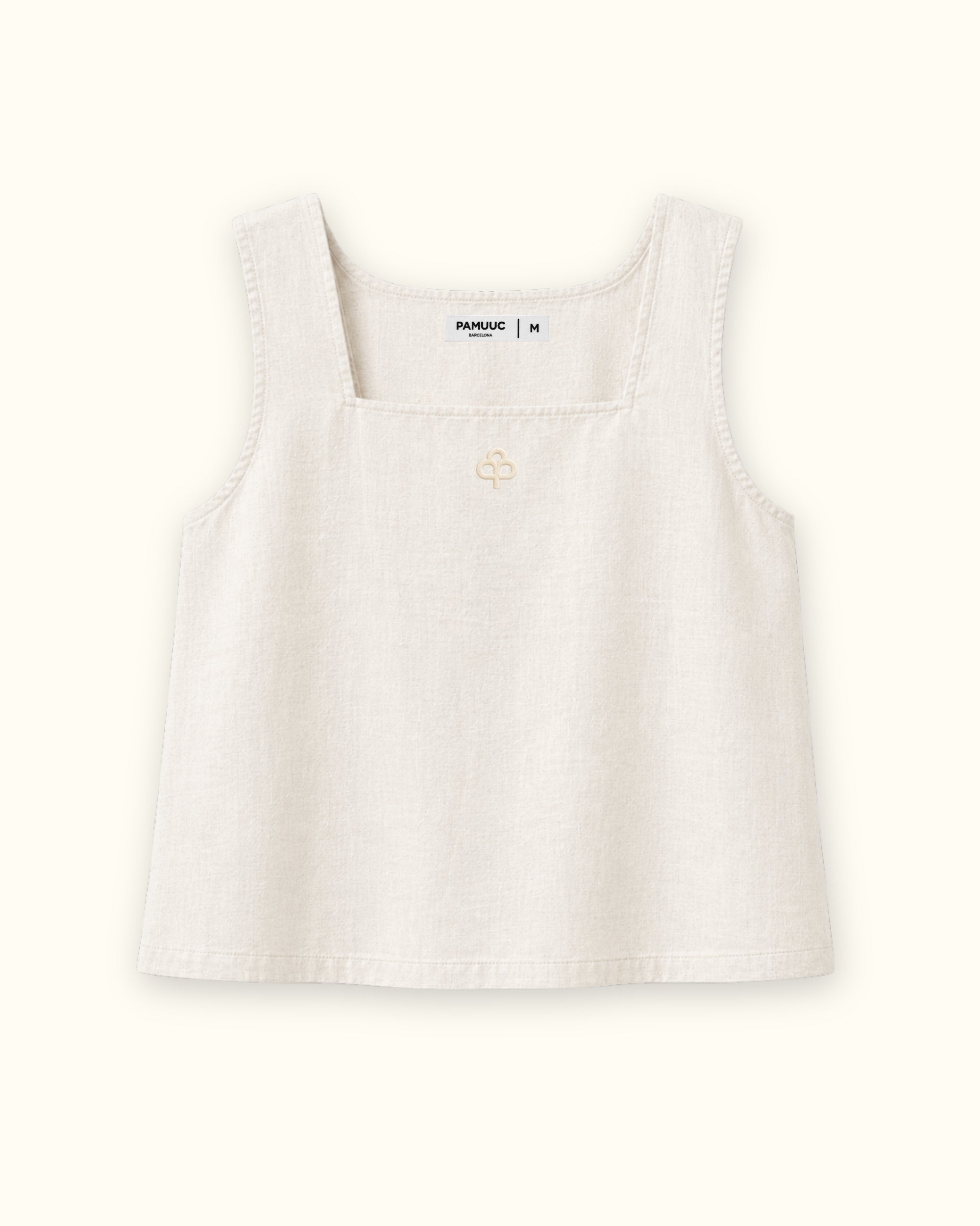 Top de lino con escote cuadrado en Off White, vista frontal, mostrando el escote y la silueta sin mangas