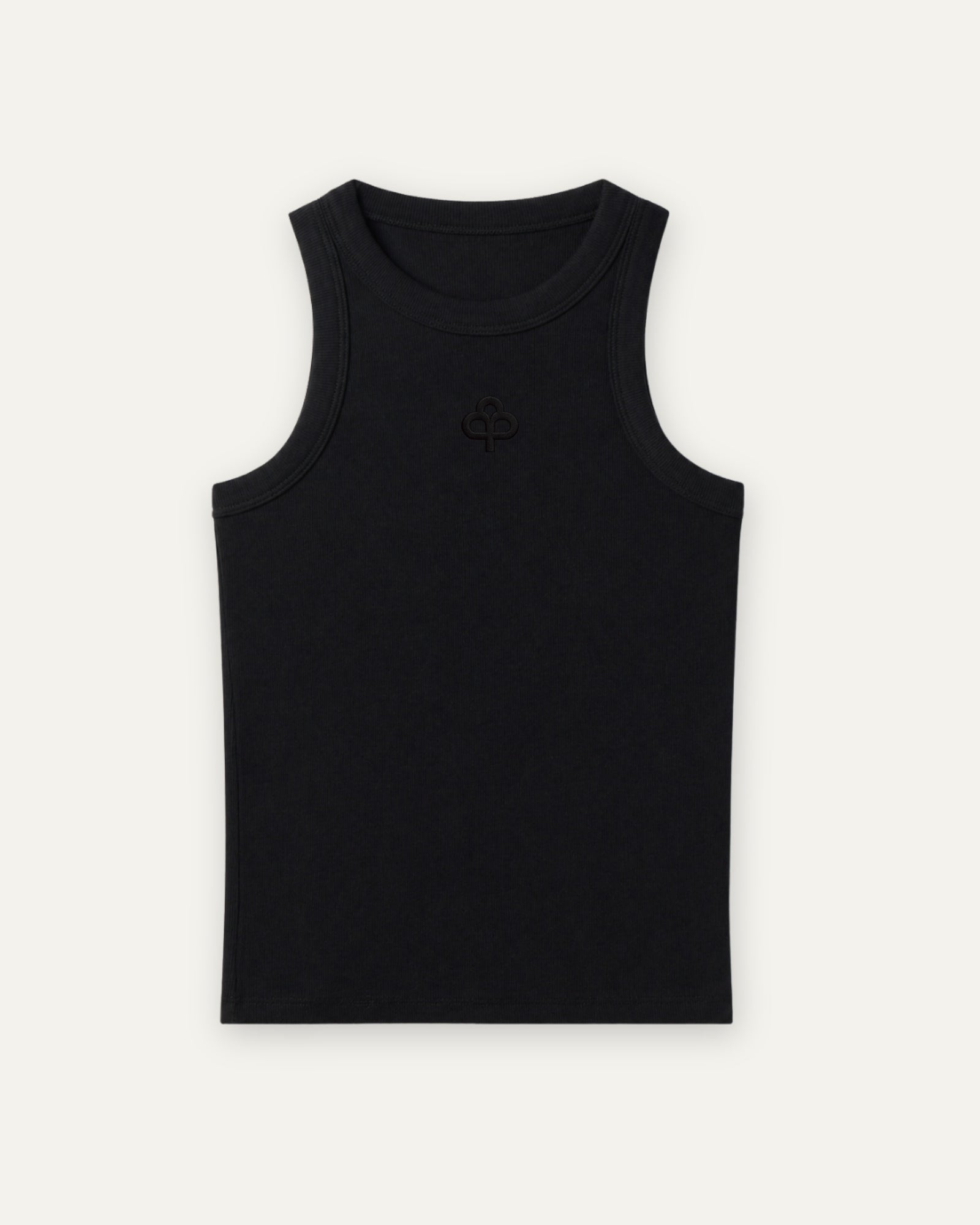 Top negro canalé de algodón, vista frontal alternativa con cuello y sisas reforzados