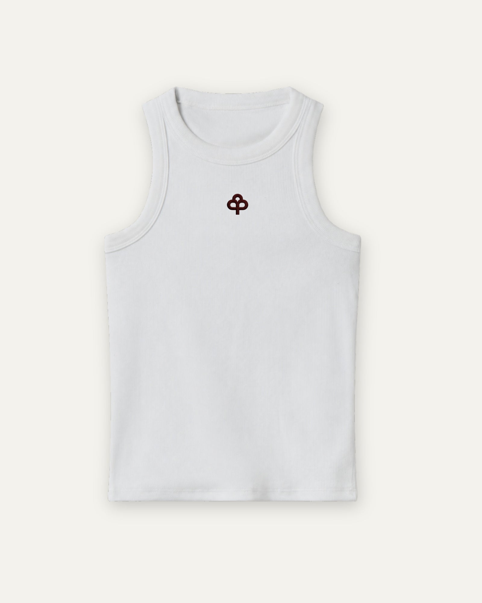 Top blanco canalé de algodón, vista frontal alternativa con cuello y sisas reforzados
