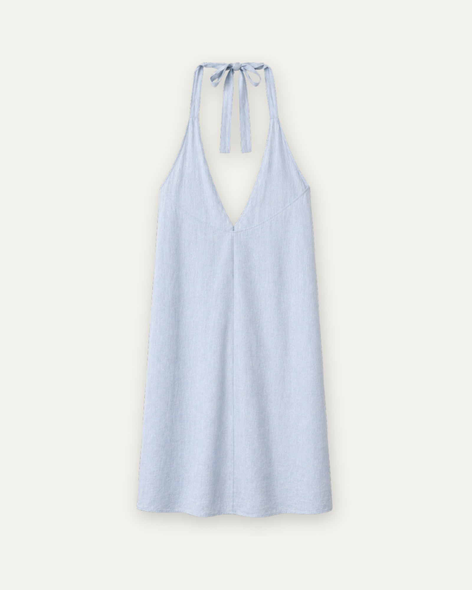 Neckholder-Leinenkleid in Hellblau, Rückansicht, mit Ausschnitt und Kleidersilhouette