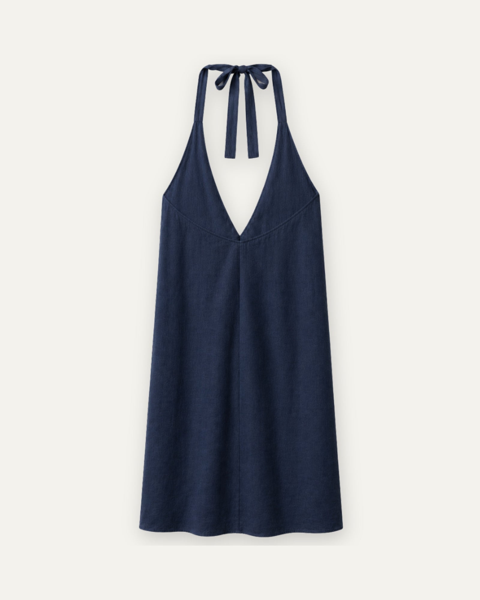 Neckholder-Leinenkleid in Marineblau, Rückansicht, mit Ausschnitt und Kleidersilhouette