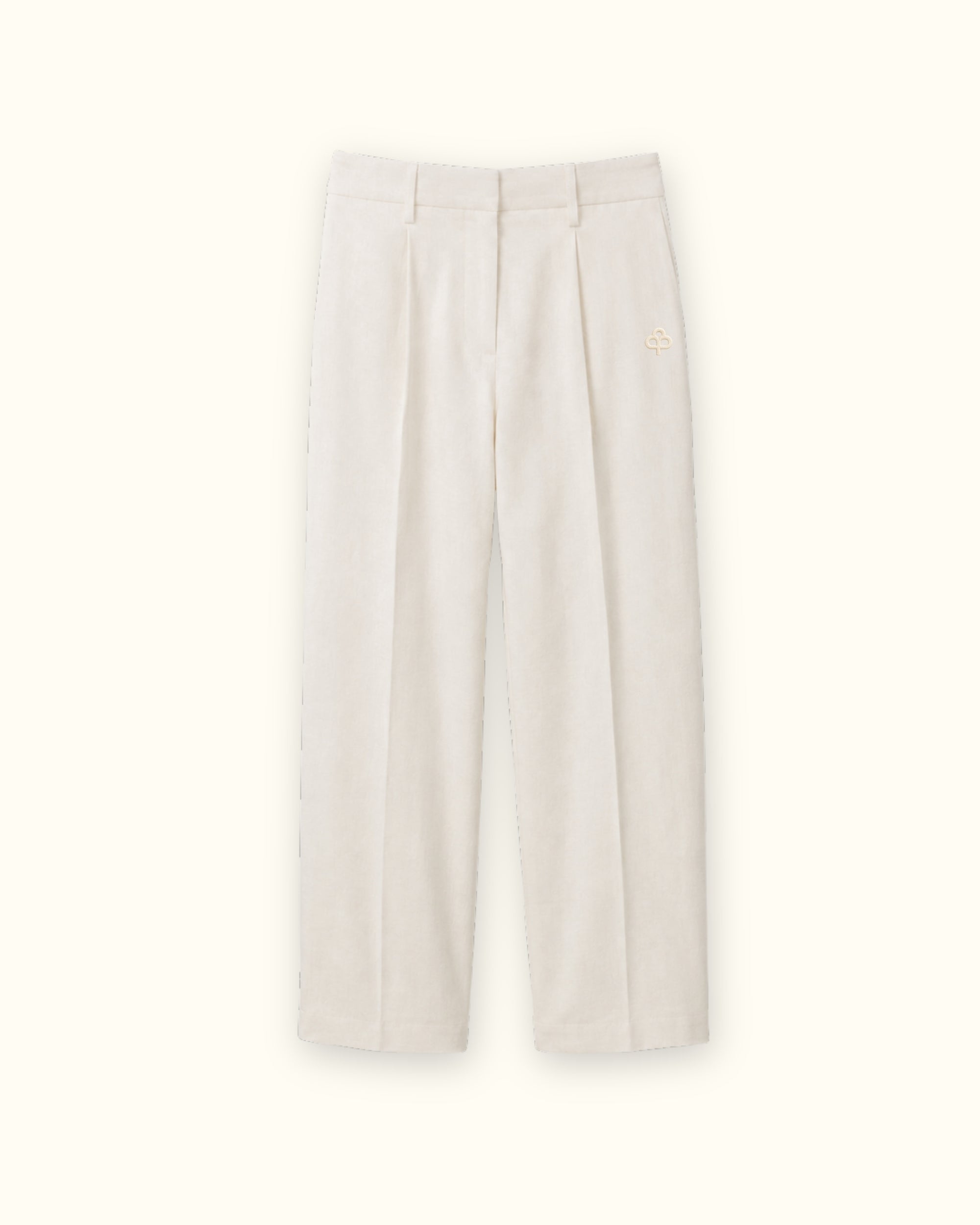 Pantalón straight leg de lino en Off White, vista frontal, mostrando las pinzas y la pierna recta