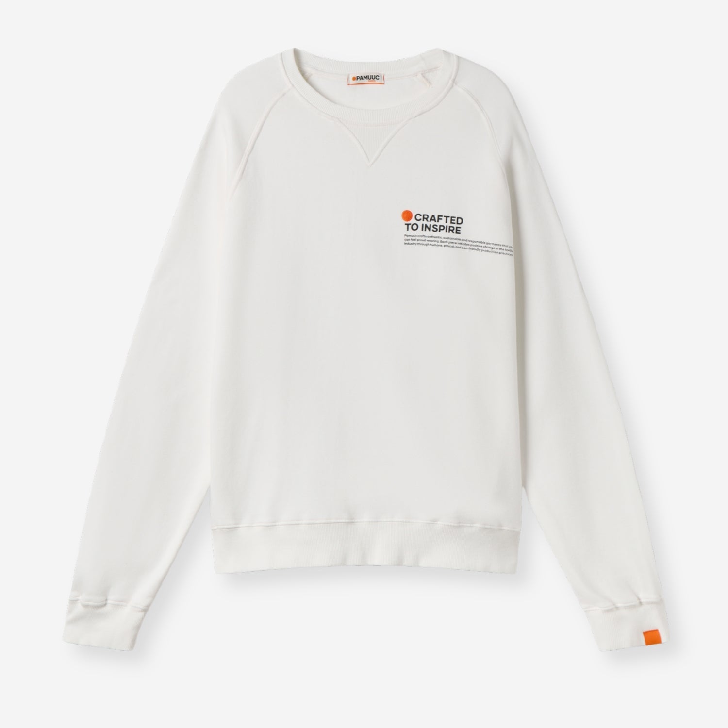 White crewneck sweatshirt with orange "Crafted to Inspire" slogan and Pamuuc logo.