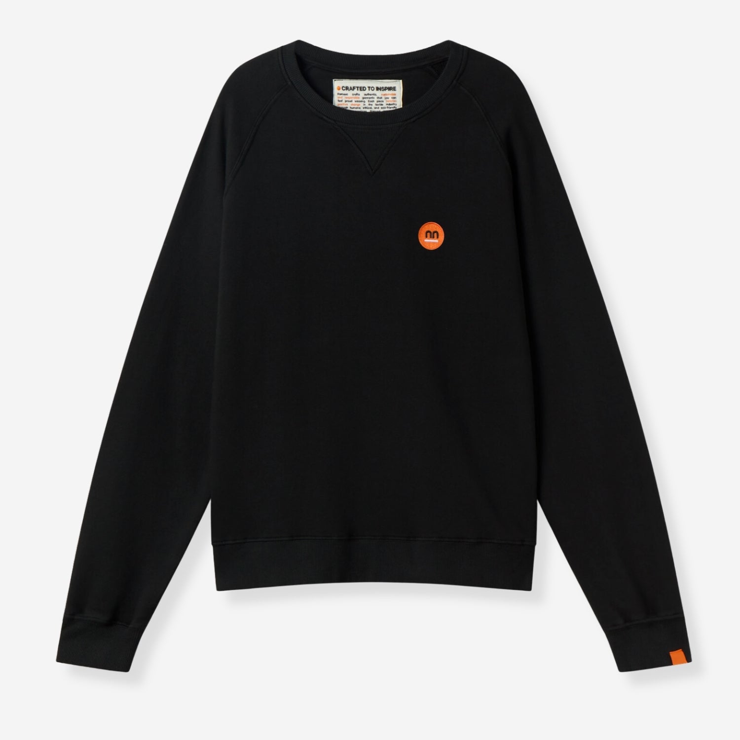 Black crewneck sweatshirt with small orange Pamuuc isotope logo on front.