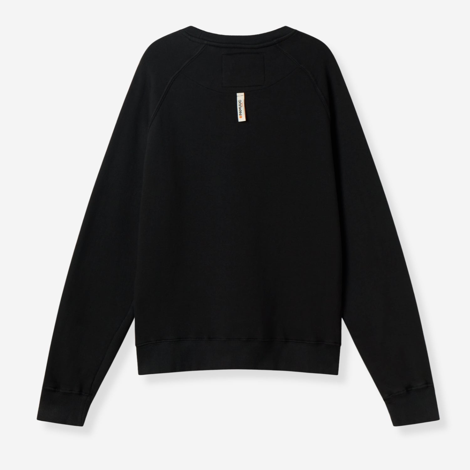 Back view of black crewneck sweatshirt with small label near neckline.