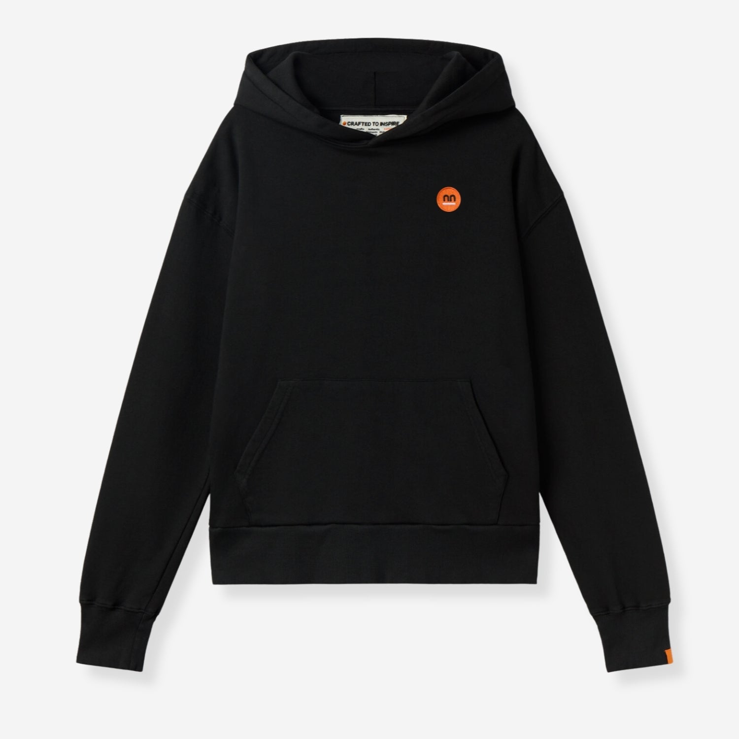 Black hoodie with small orange Pamuuc isotope logo on front.