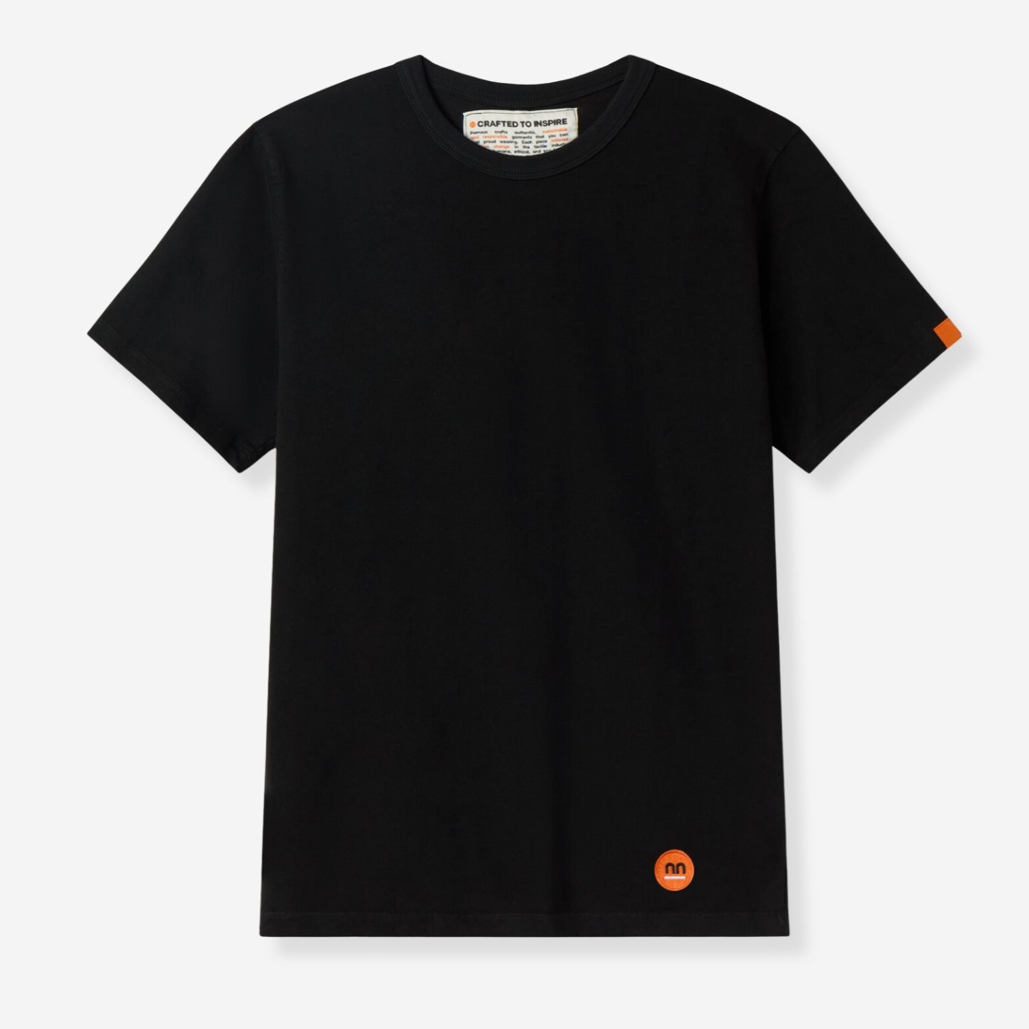 Black t-shirt with a small orange Pamuuc logo at the bottom left hem and label inside the collar.