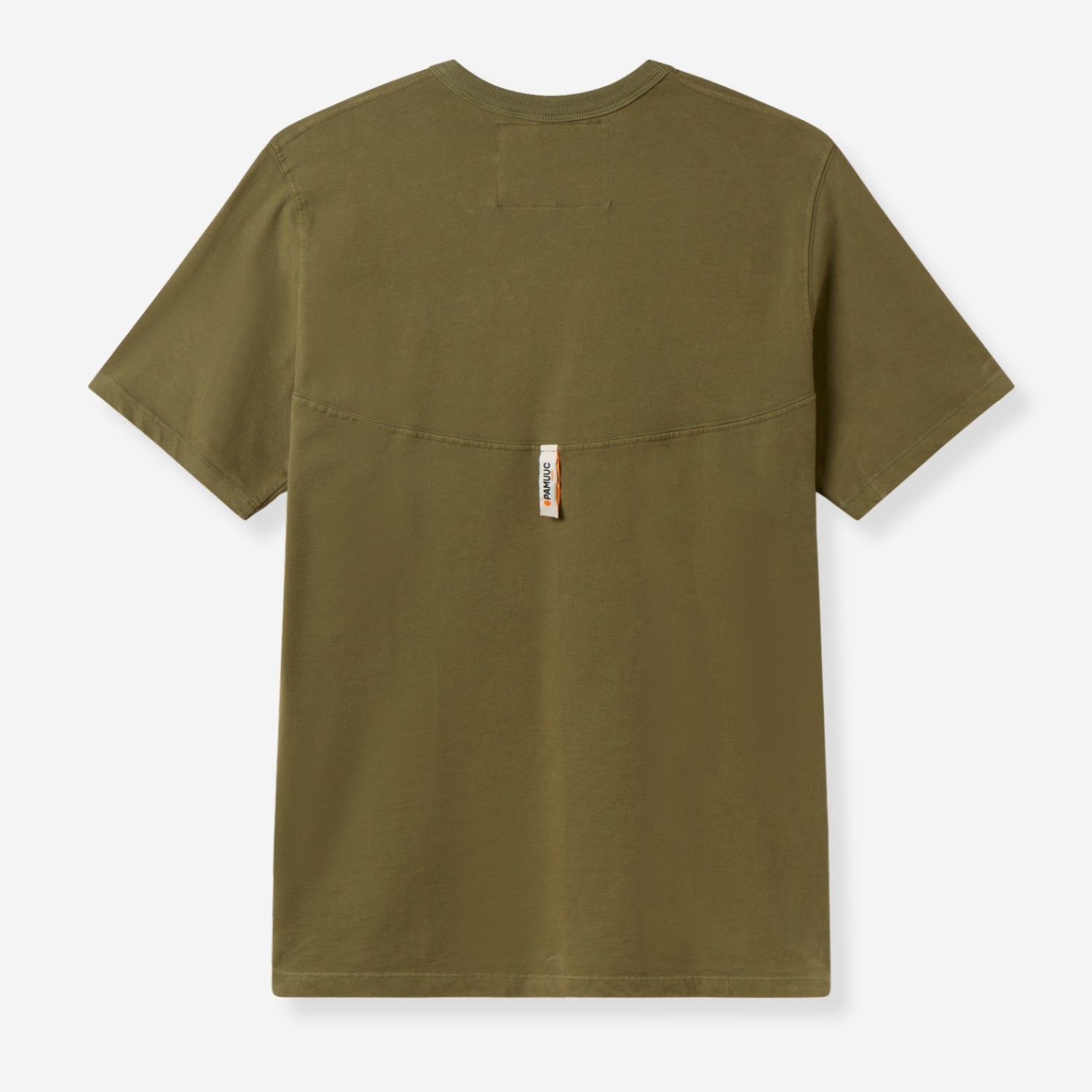 Back view of the khaki t-shirt with a horizontal seam and a small Pamuuc logo tag.