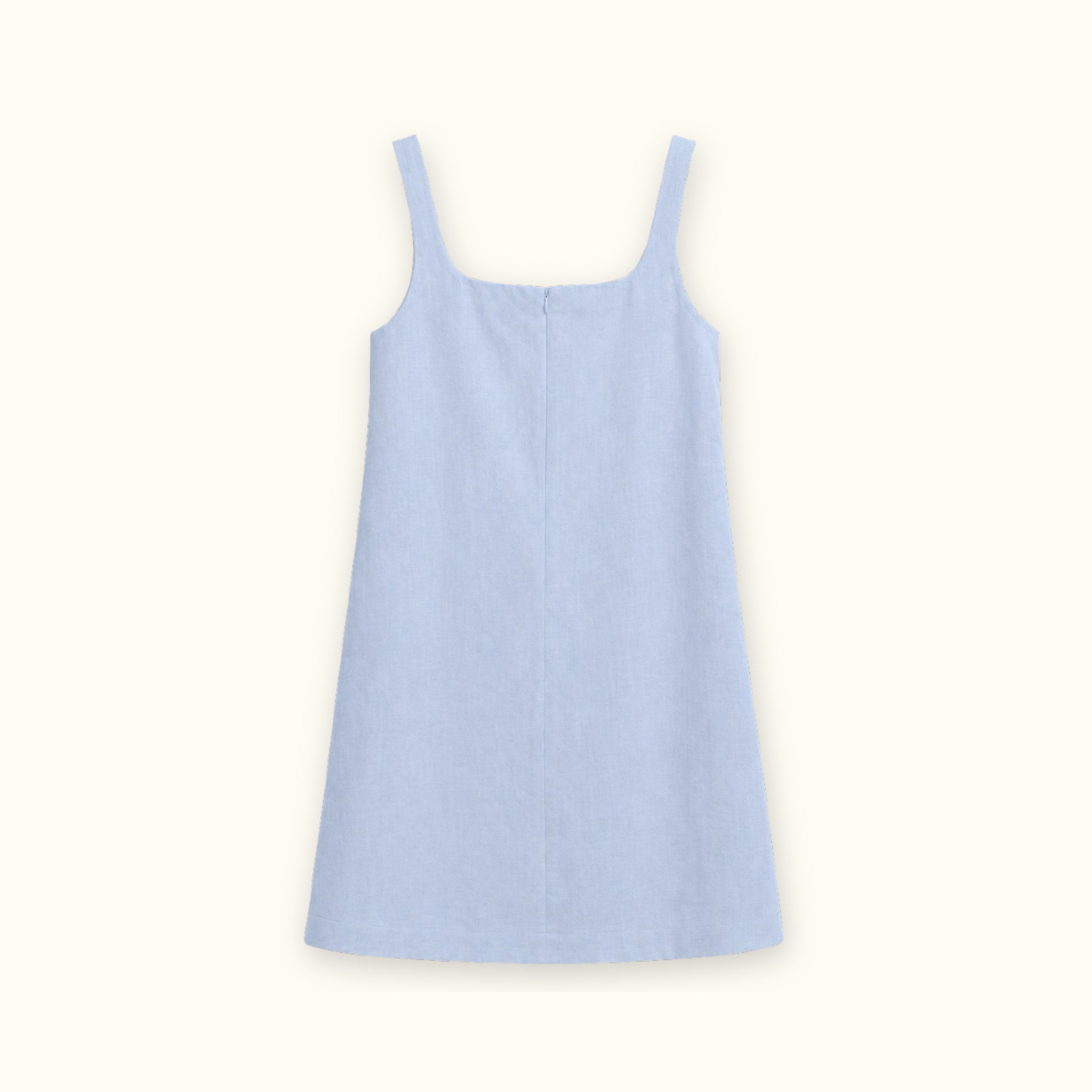 Vestito mini in lino azzurro, vista posteriore, con scollo e silhouette del vestito