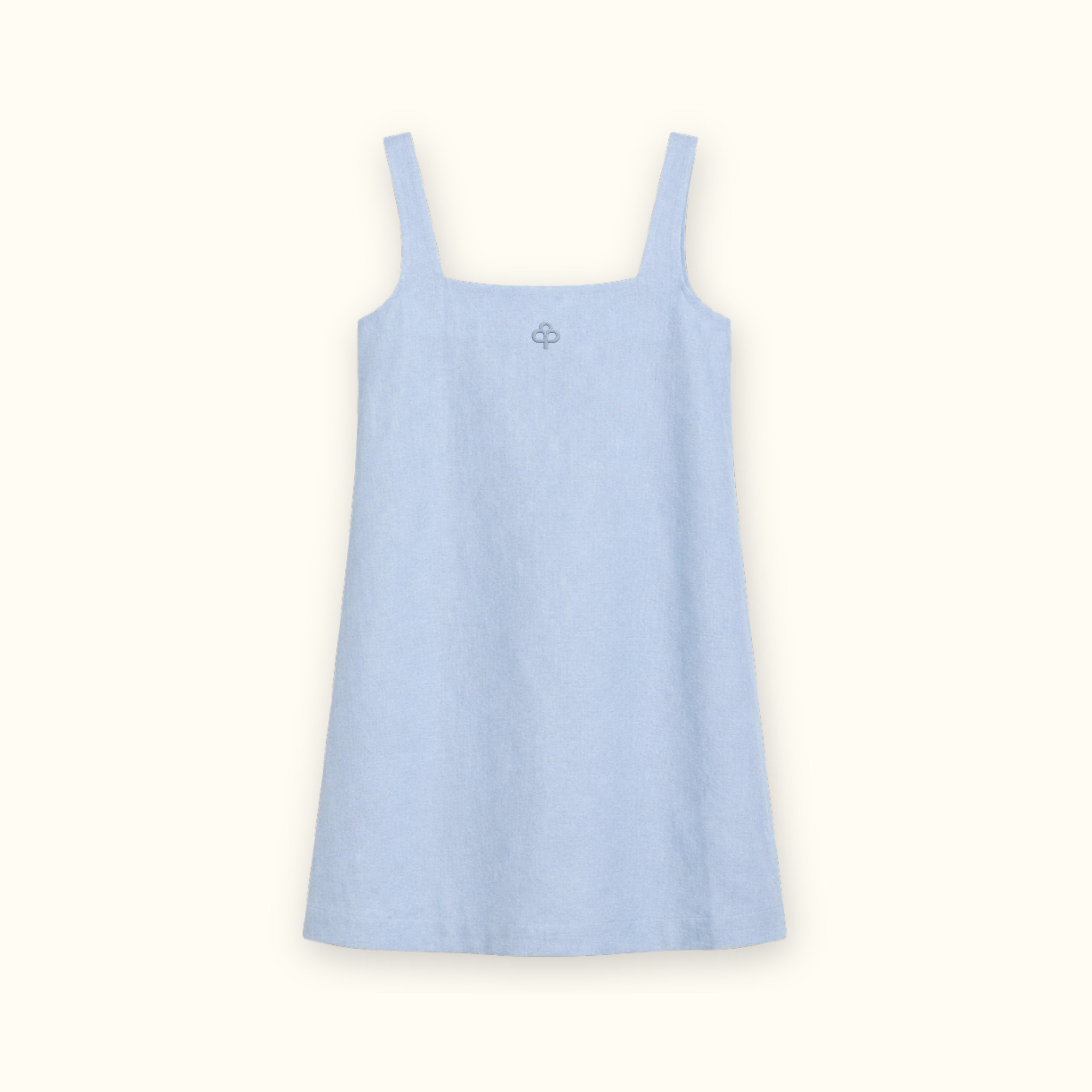 Vestito mini in lino azzurro, vista frontale, con scollo e silhouette del vestito