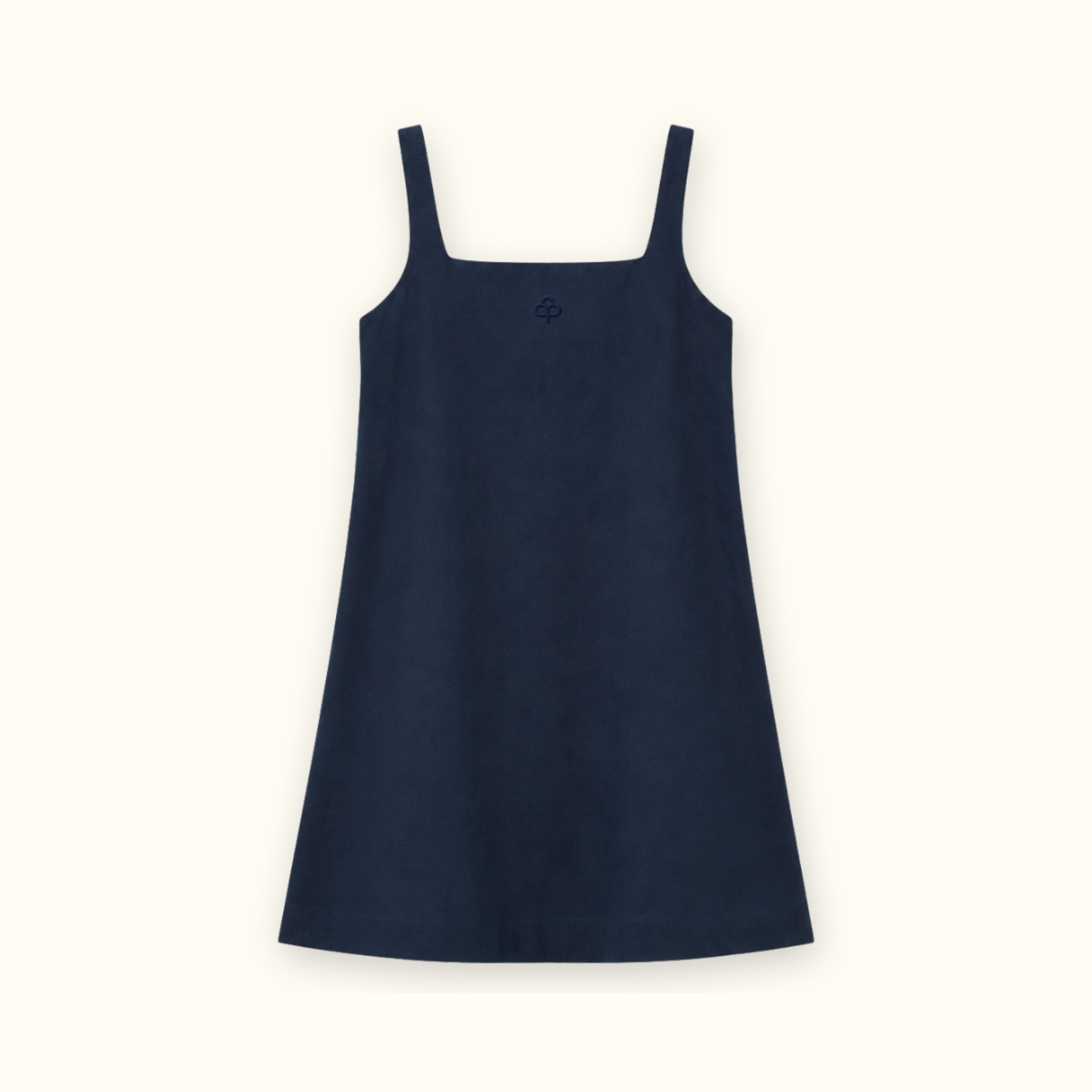 Vestito mini in lino blu navy, vista frontale, con scollo e silhouette del vestito