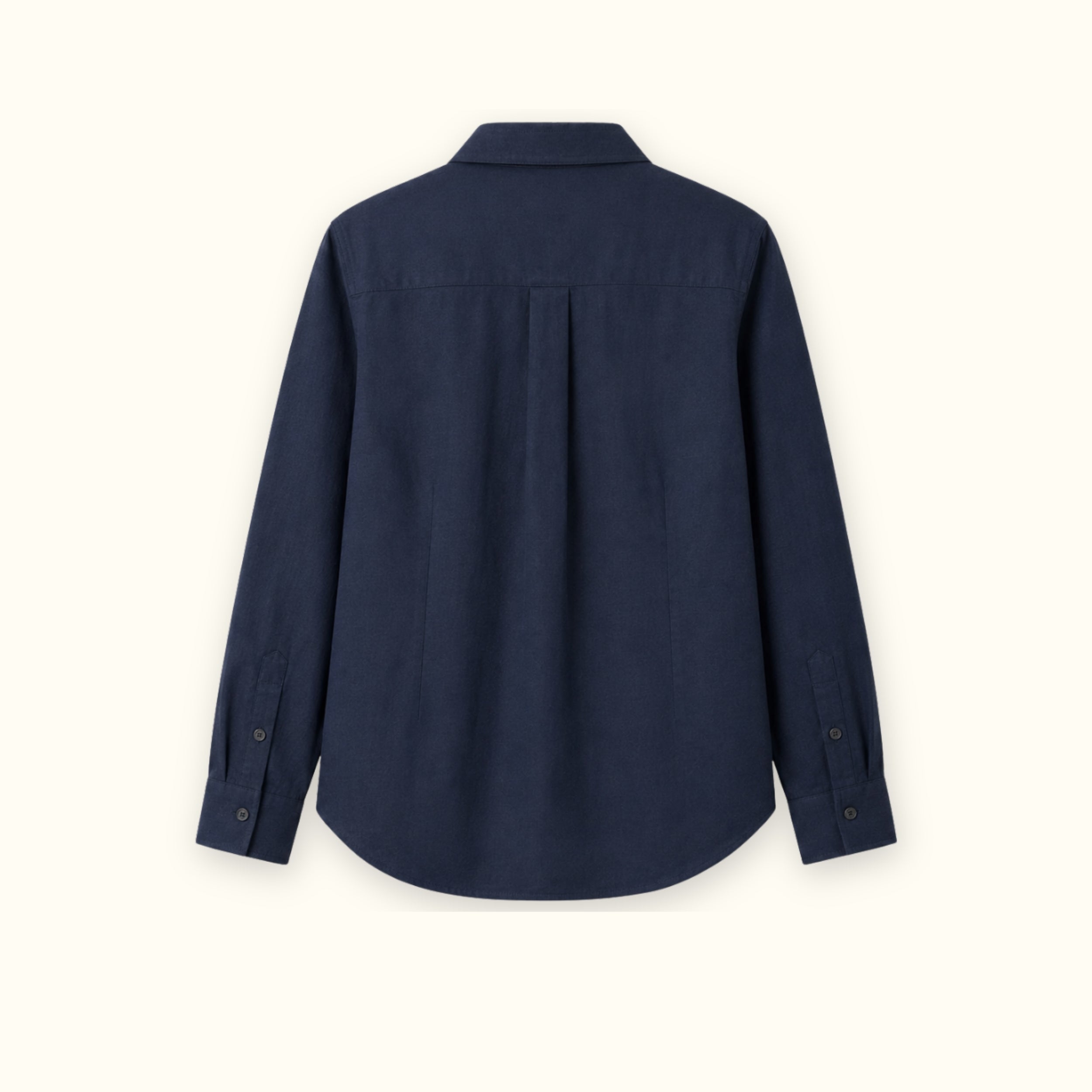 Camicia in lino regular fit blu navy, vista posteriore, con colletto, fondo e taglio rilassato
