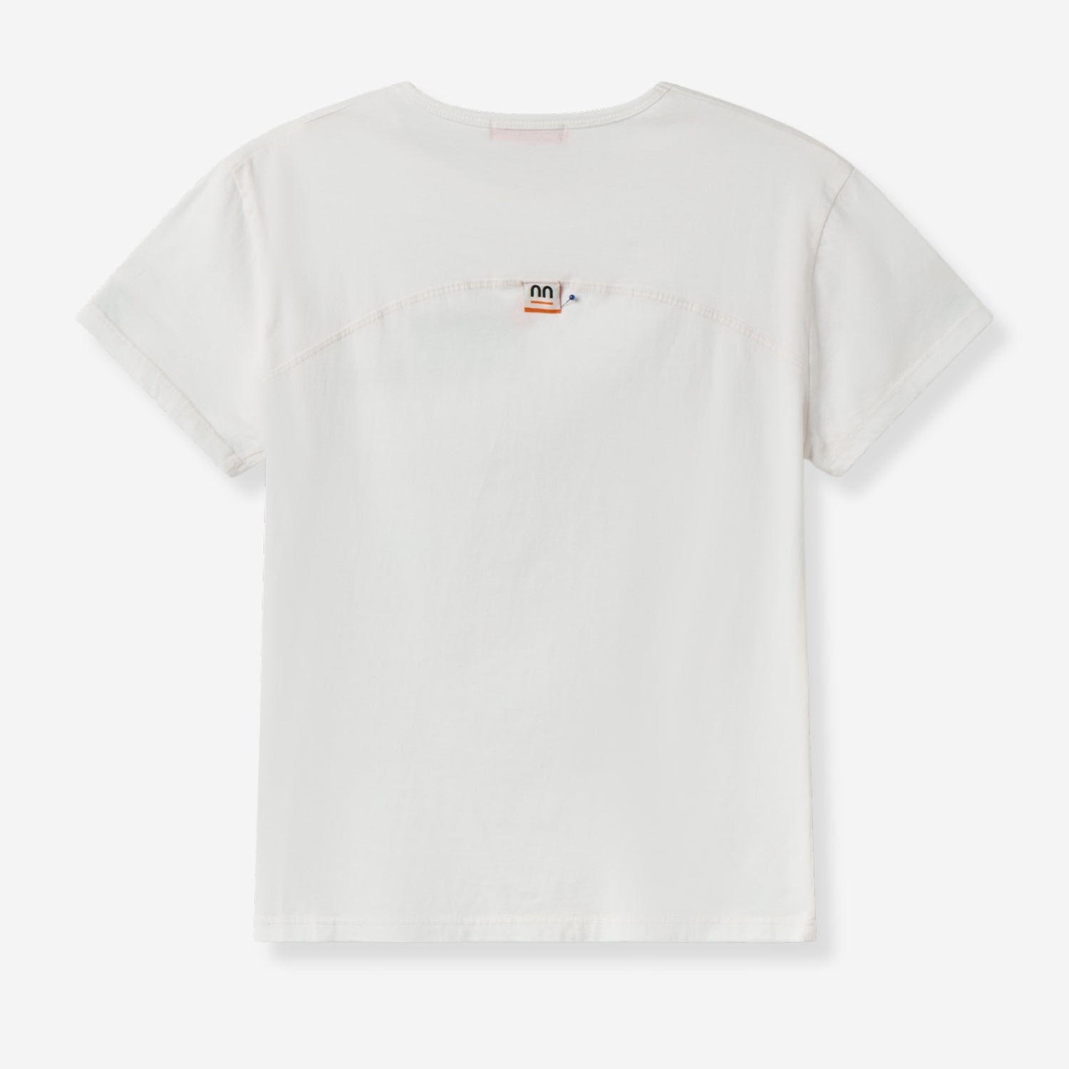 Back of white PAMUUC t-shirt with small orange logo on upper center