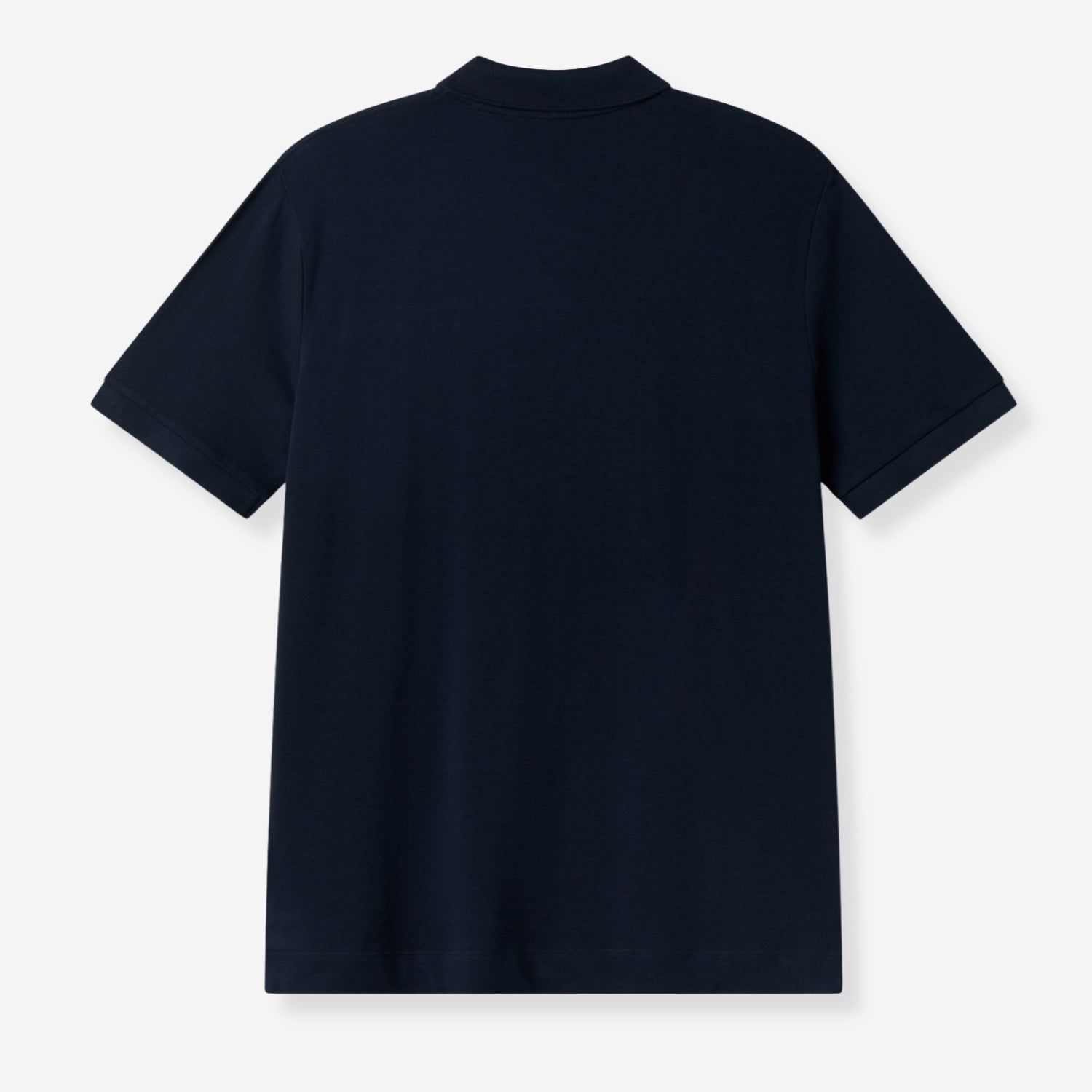 Navy polo back view, smooth texture.