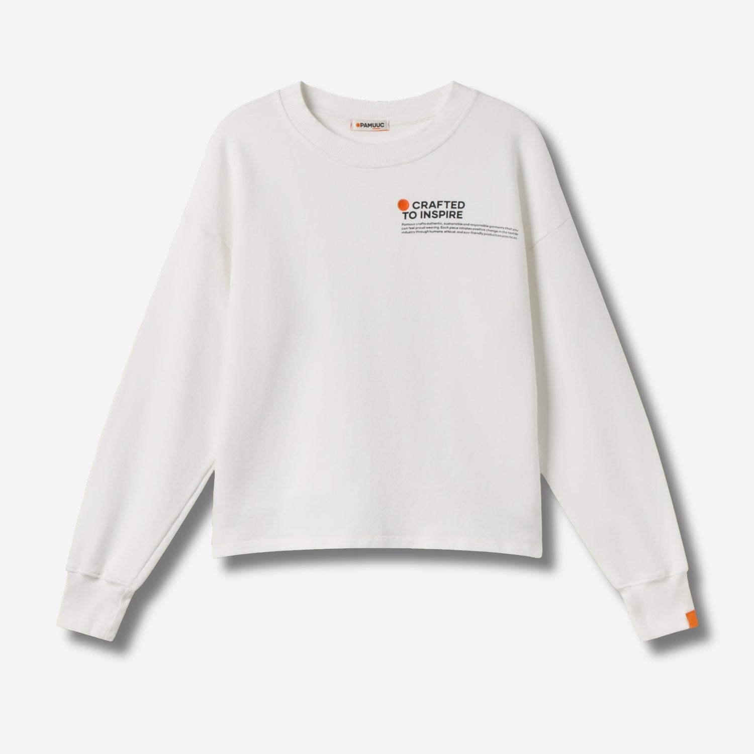 White women crewneck front with serigraphy "Crafted to Inspire" text