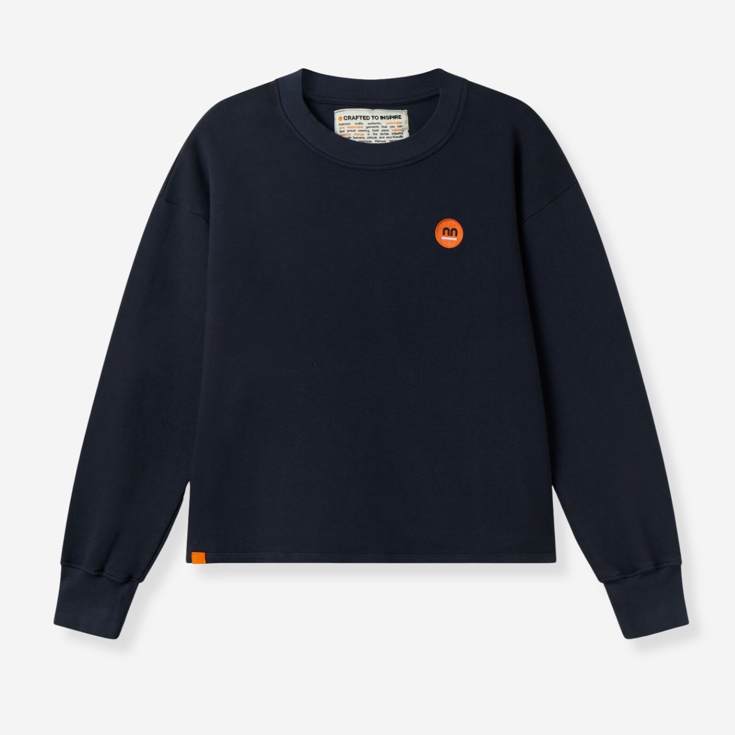 Navy women crewneck with Pamuuc logo isotope embroidery and orange woven label