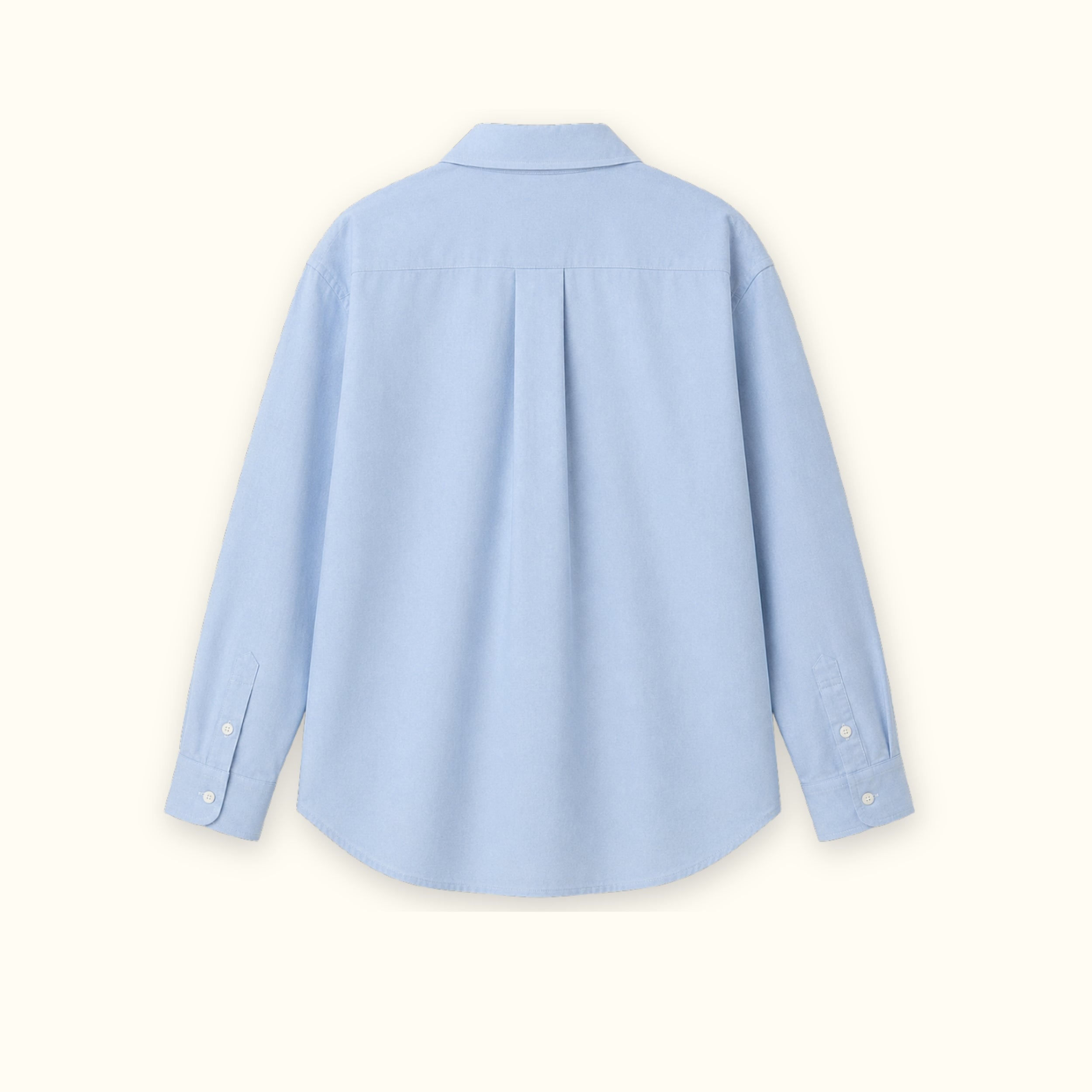 Camicia Oxford medium fit azzurra, vista posteriore, con colletto, fondo e taglio rilassato