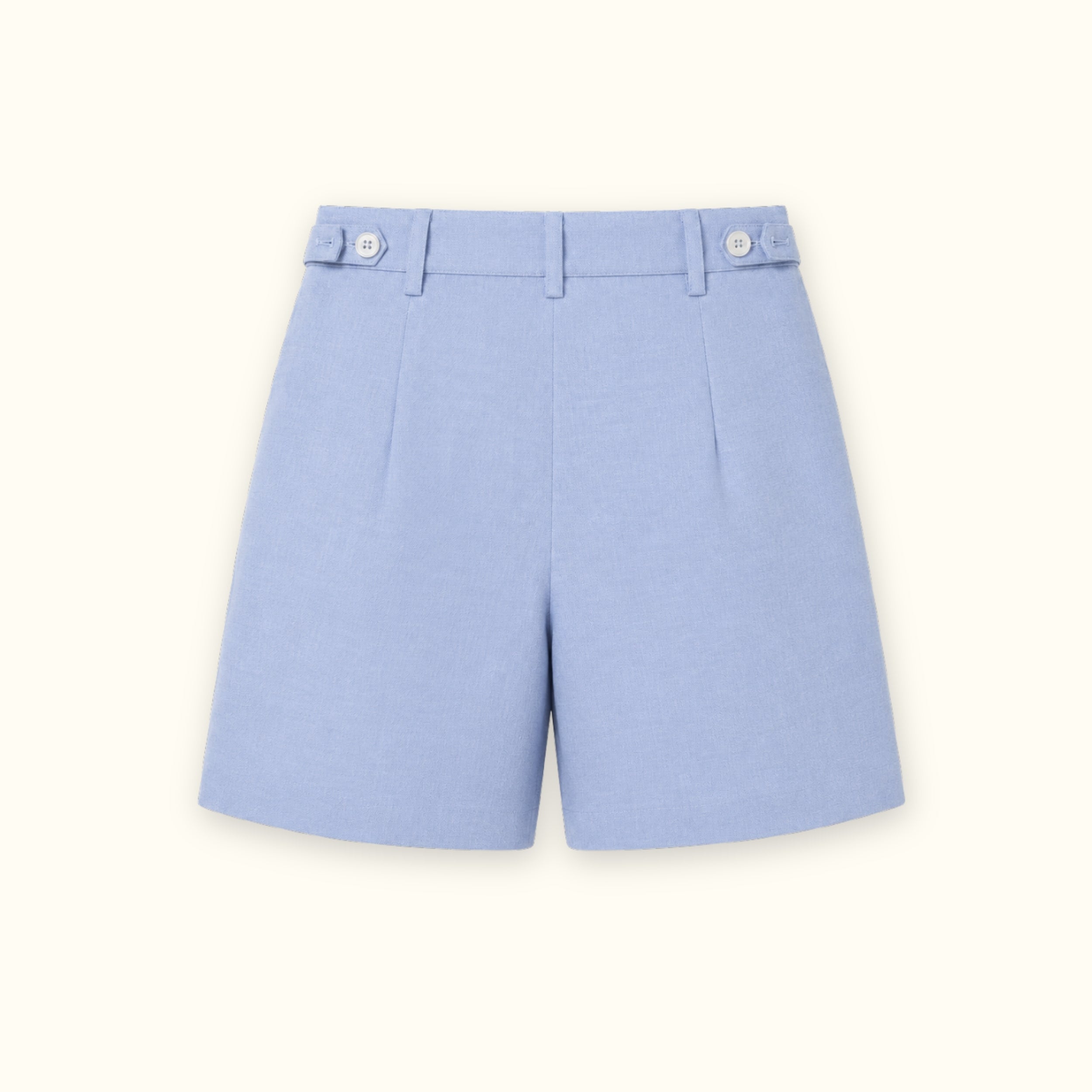 Tailored Linen Shorts in Light Blue, back view, showing waistband and leg shape