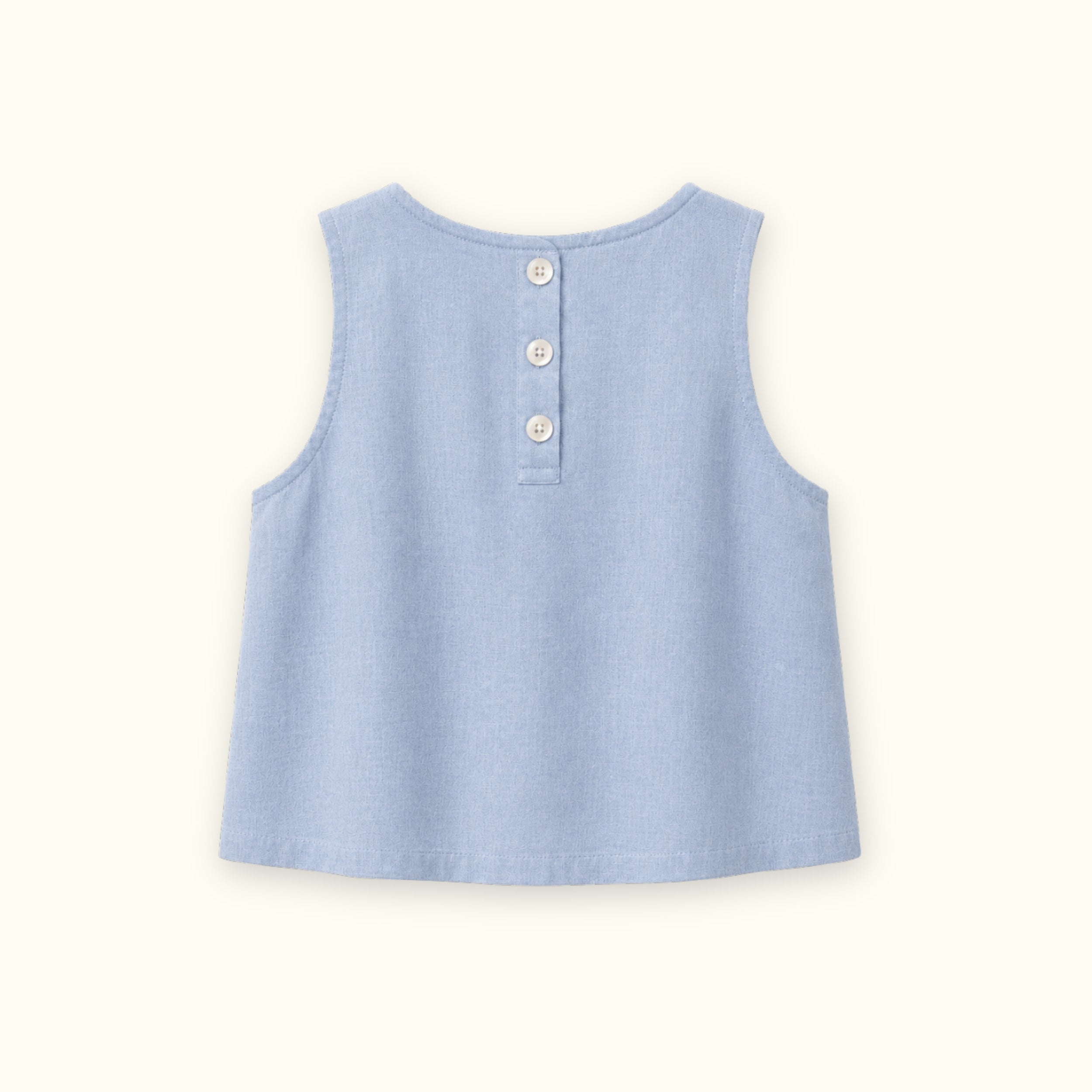 Top in lino senza maniche azzurro, vista posteriore, con scollo e linea senza maniche