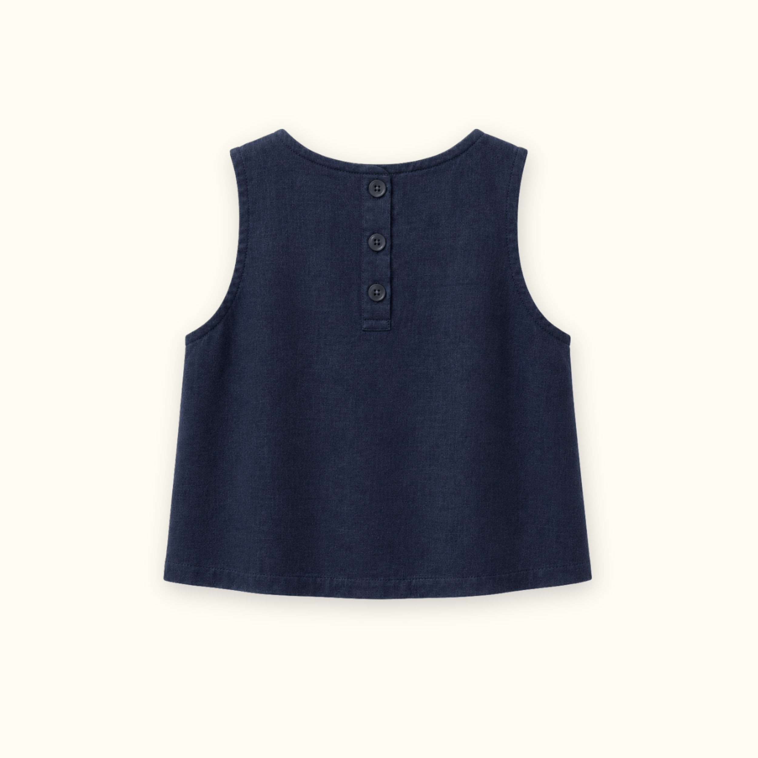Top in lino senza maniche blu navy, vista posteriore, con scollo e linea senza maniche