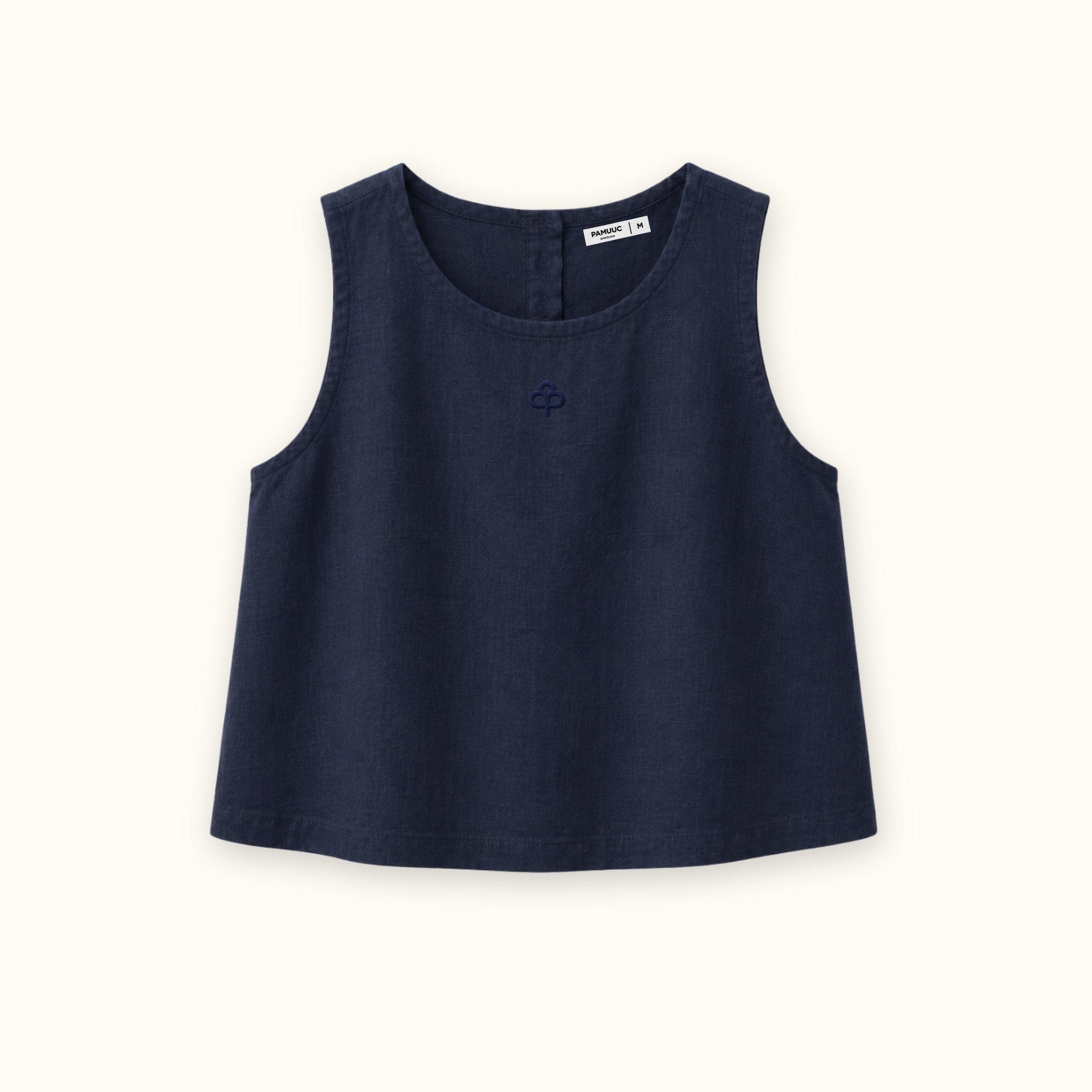 Top in lino senza maniche blu navy, vista frontale, con scollo e linea senza maniche