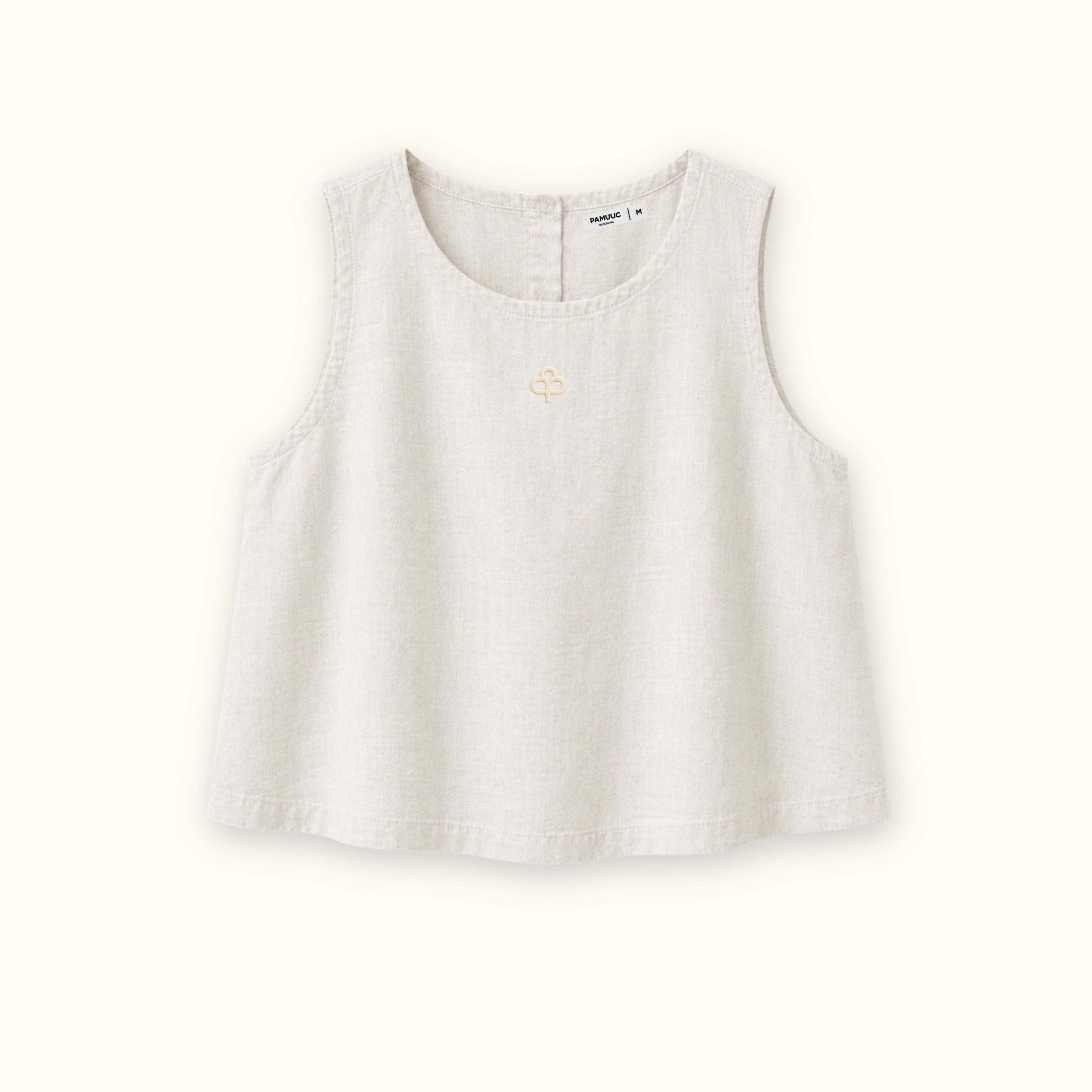 Top in lino senza maniche Off White, vista frontale, con scollo e linea senza maniche