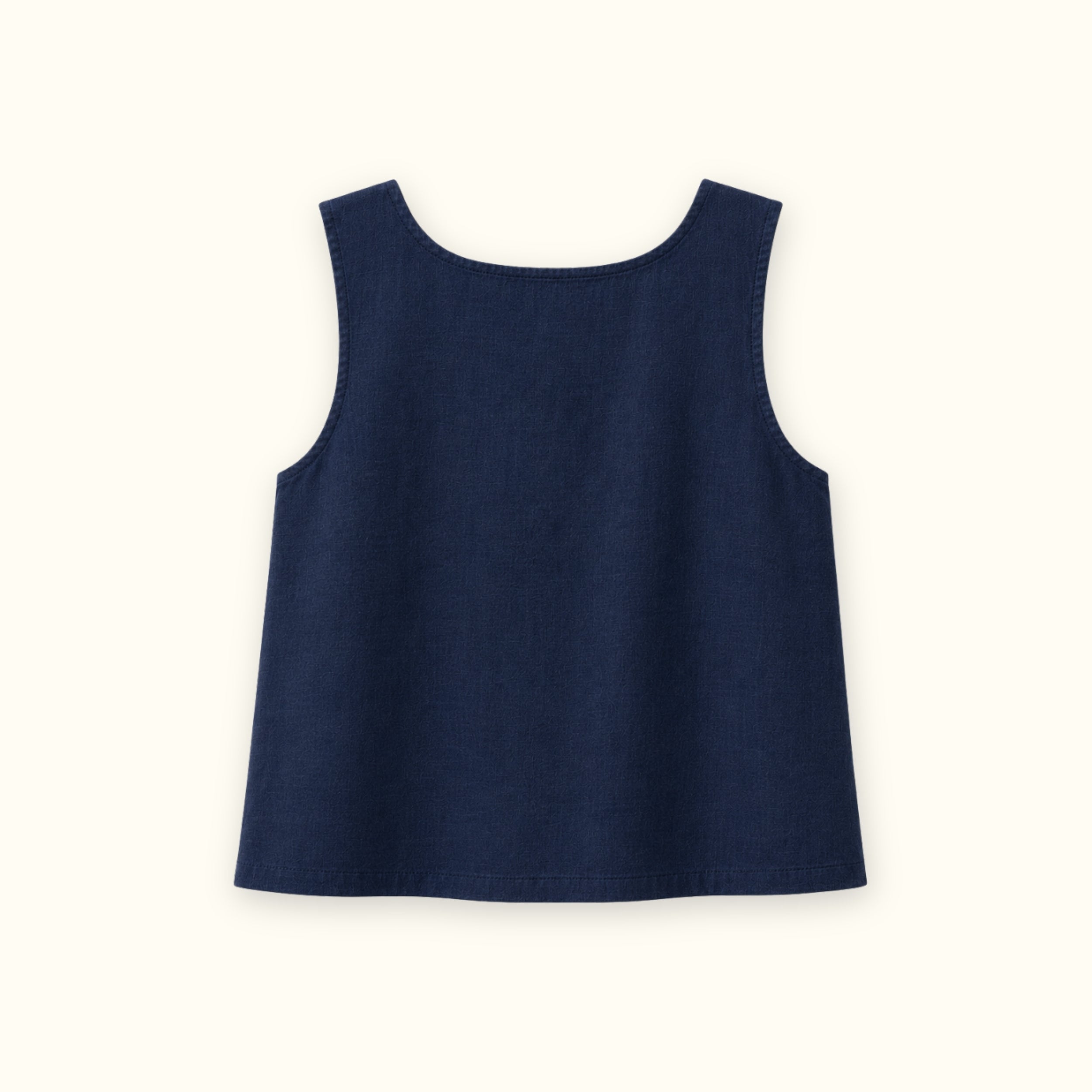 Top in lino con scollo quadrato blu navy, vista posteriore, con scollo e linea senza maniche