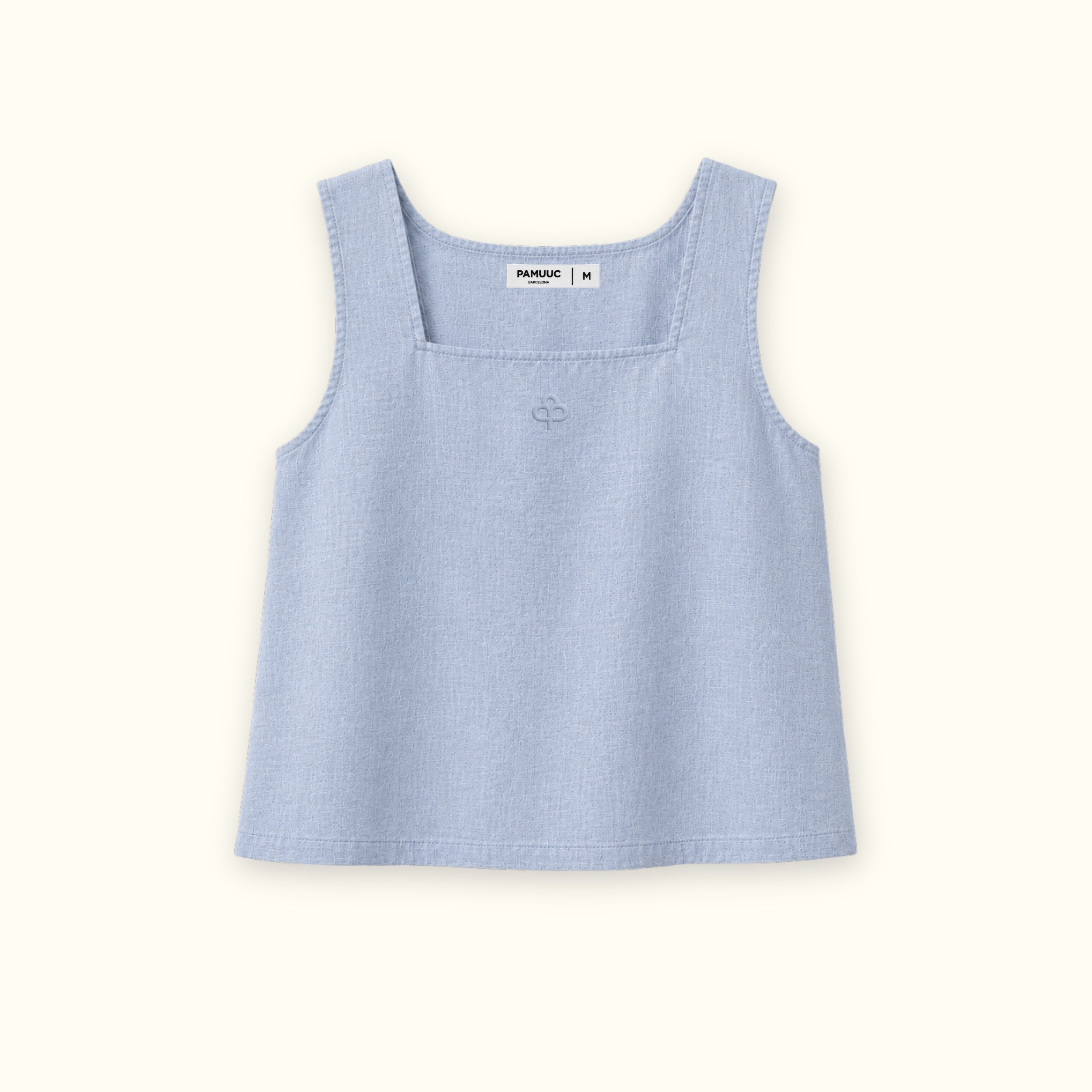 Top in lino con scollo quadrato azzurro, vista frontale, con scollo e linea senza maniche