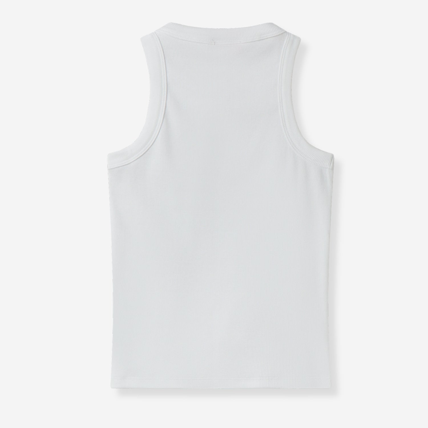 Rear view of the white tank top showcasing its smooth back and streamlined silhouette.