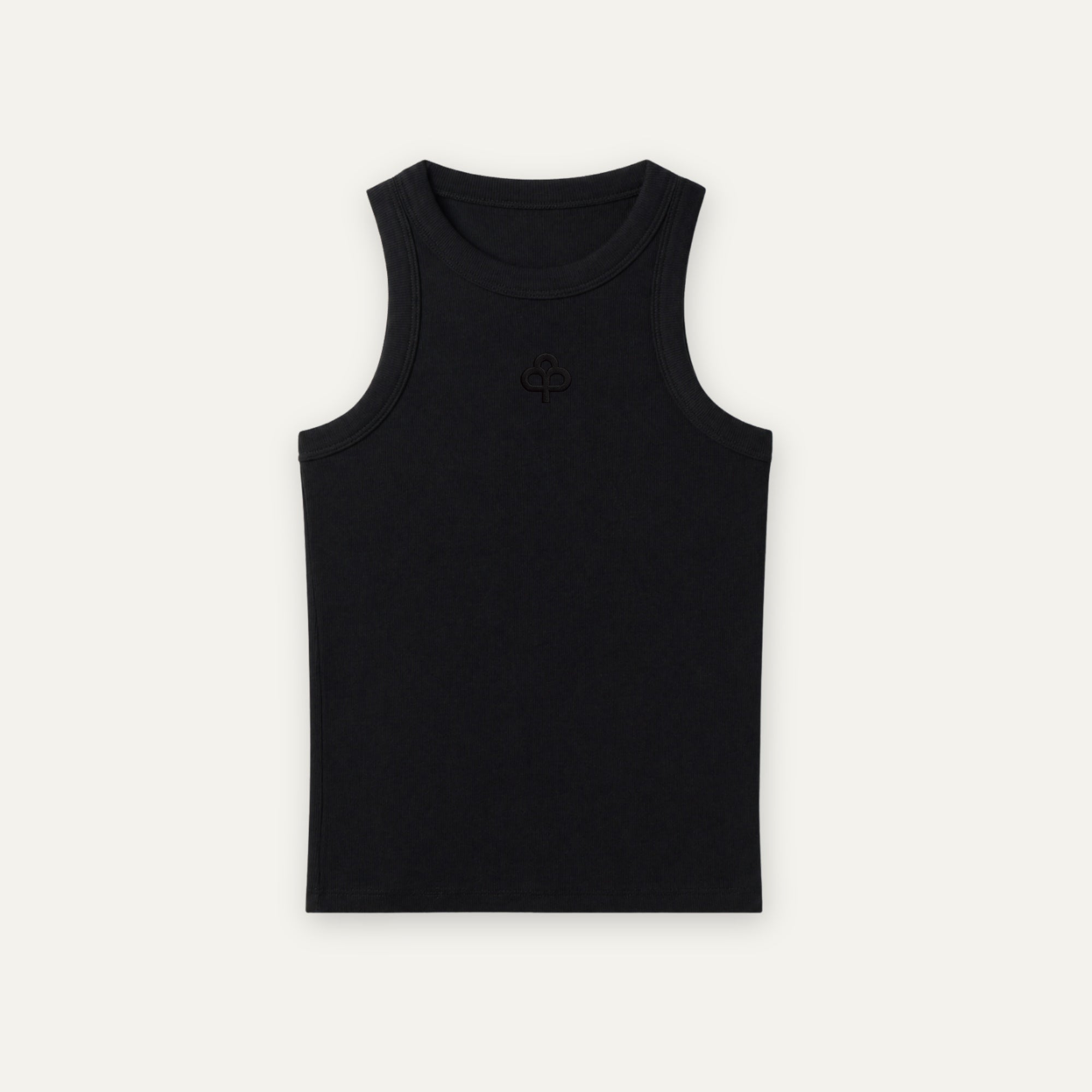 Top negro canalé de algodón, vista frontal alternativa con cuello y sisas reforzados