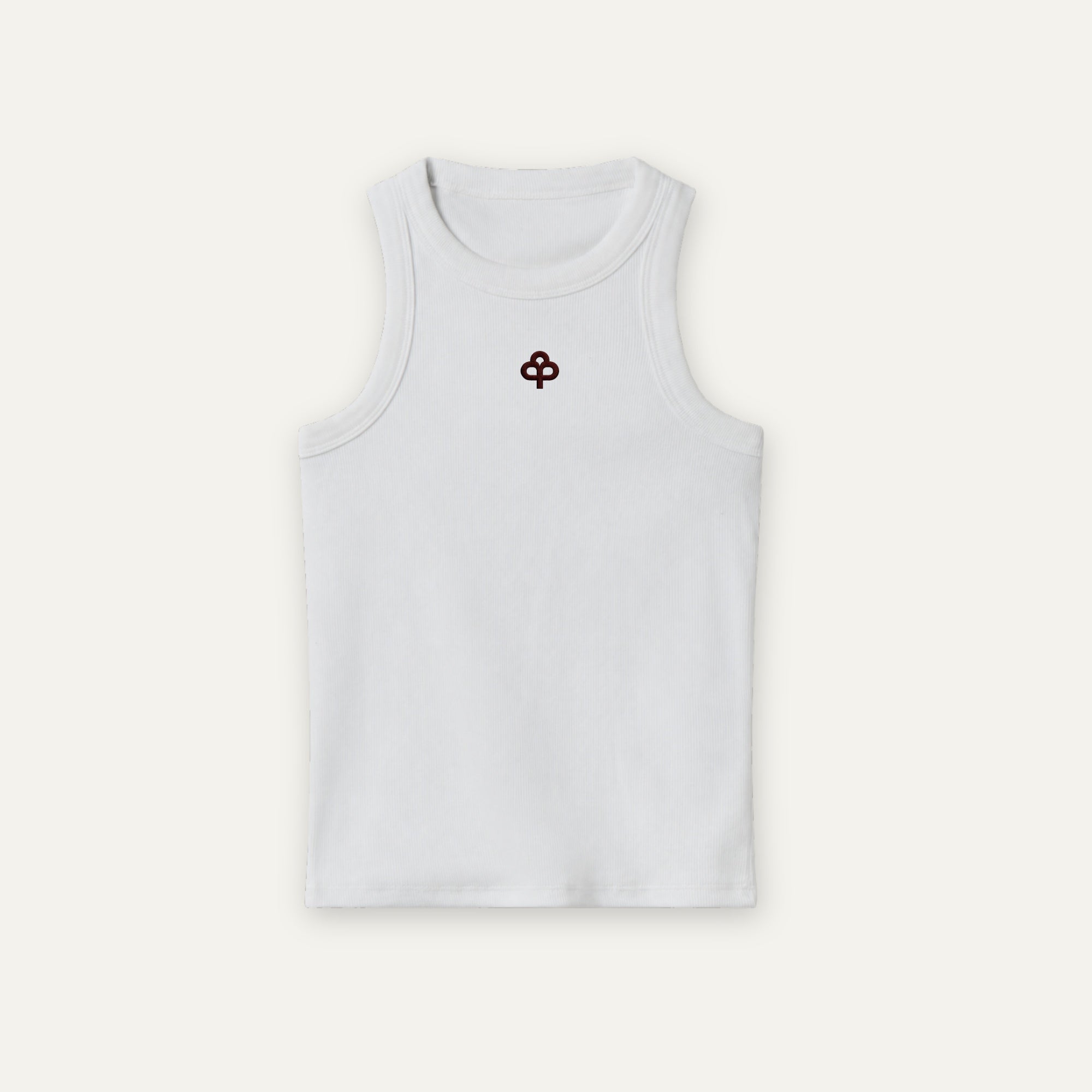 Top blanco canalé de algodón, vista frontal alternativa con cuello y sisas reforzados