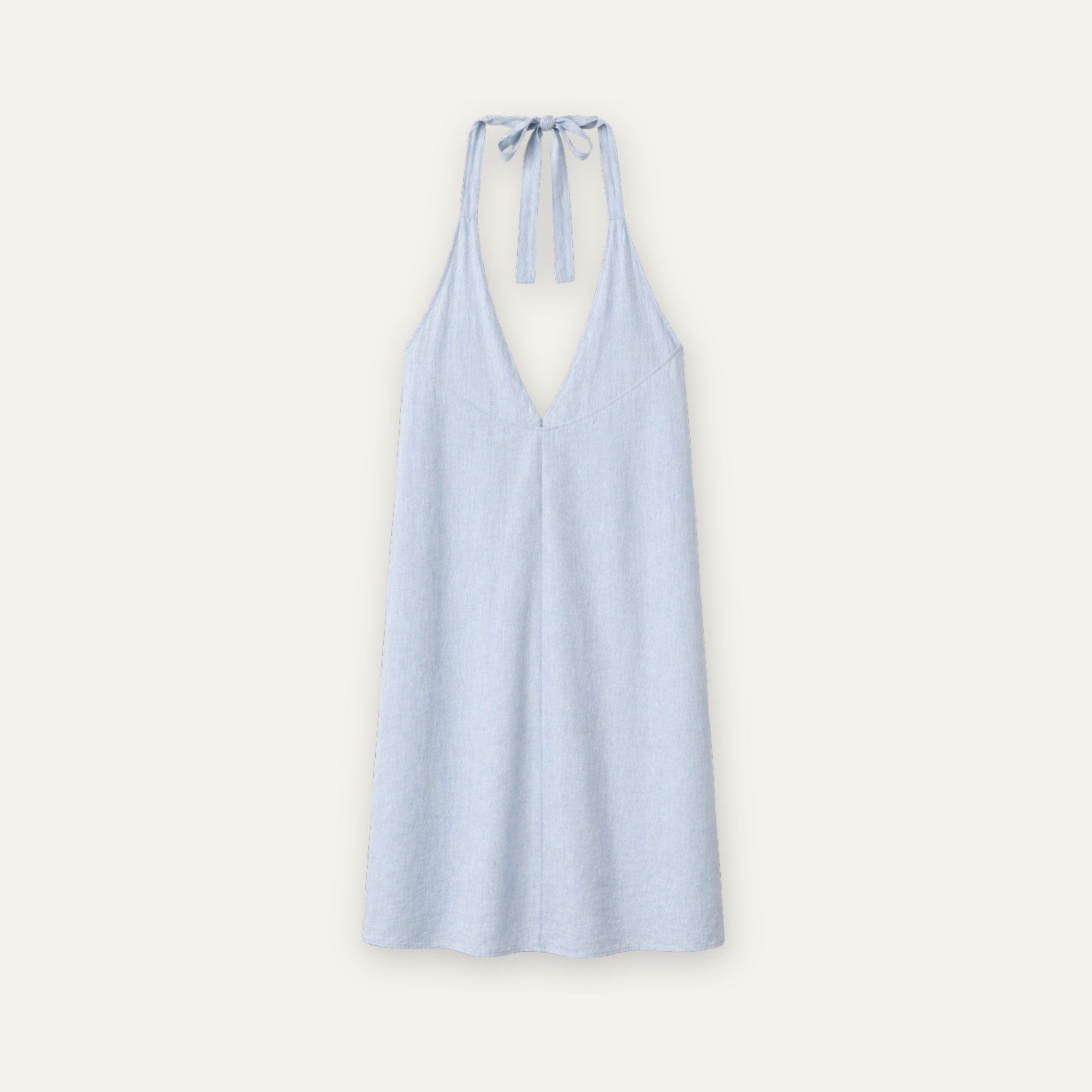 Vestito halter in lino azzurro, vista posteriore, con scollo e silhouette del vestito