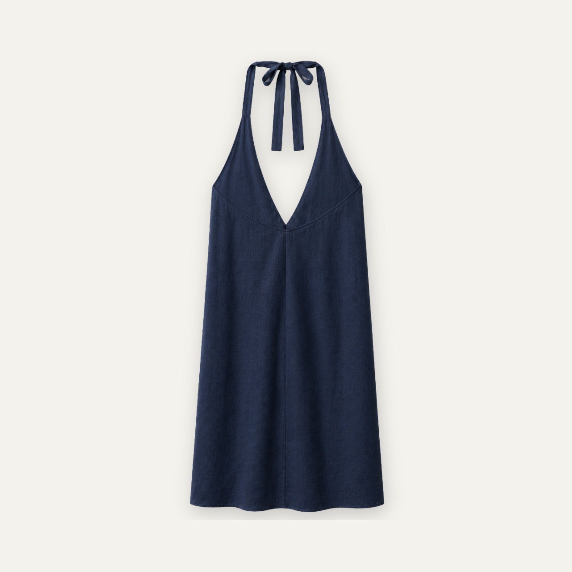 Vestito halter in lino blu navy, vista posteriore, con scollo e silhouette del vestito