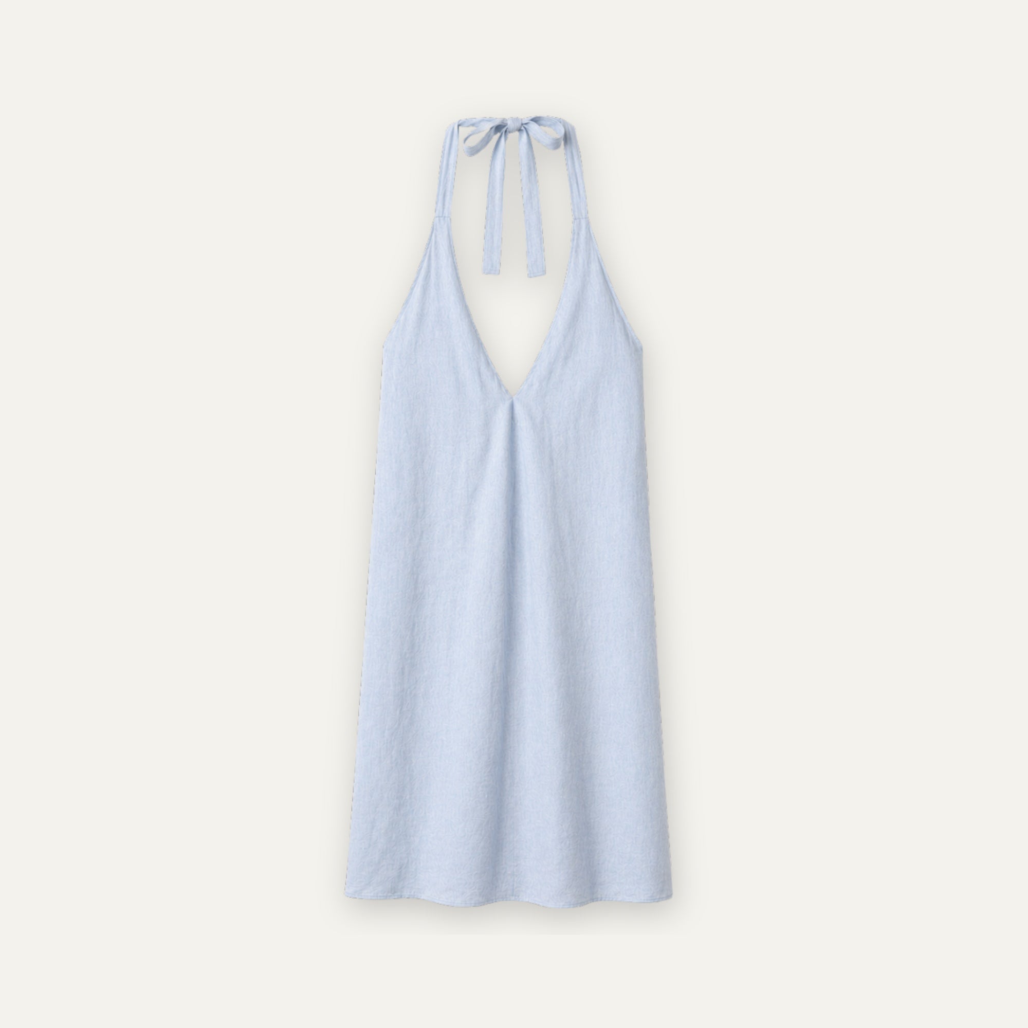 Vestito halter in lino azzurro, vista frontale, con scollo e silhouette del vestito