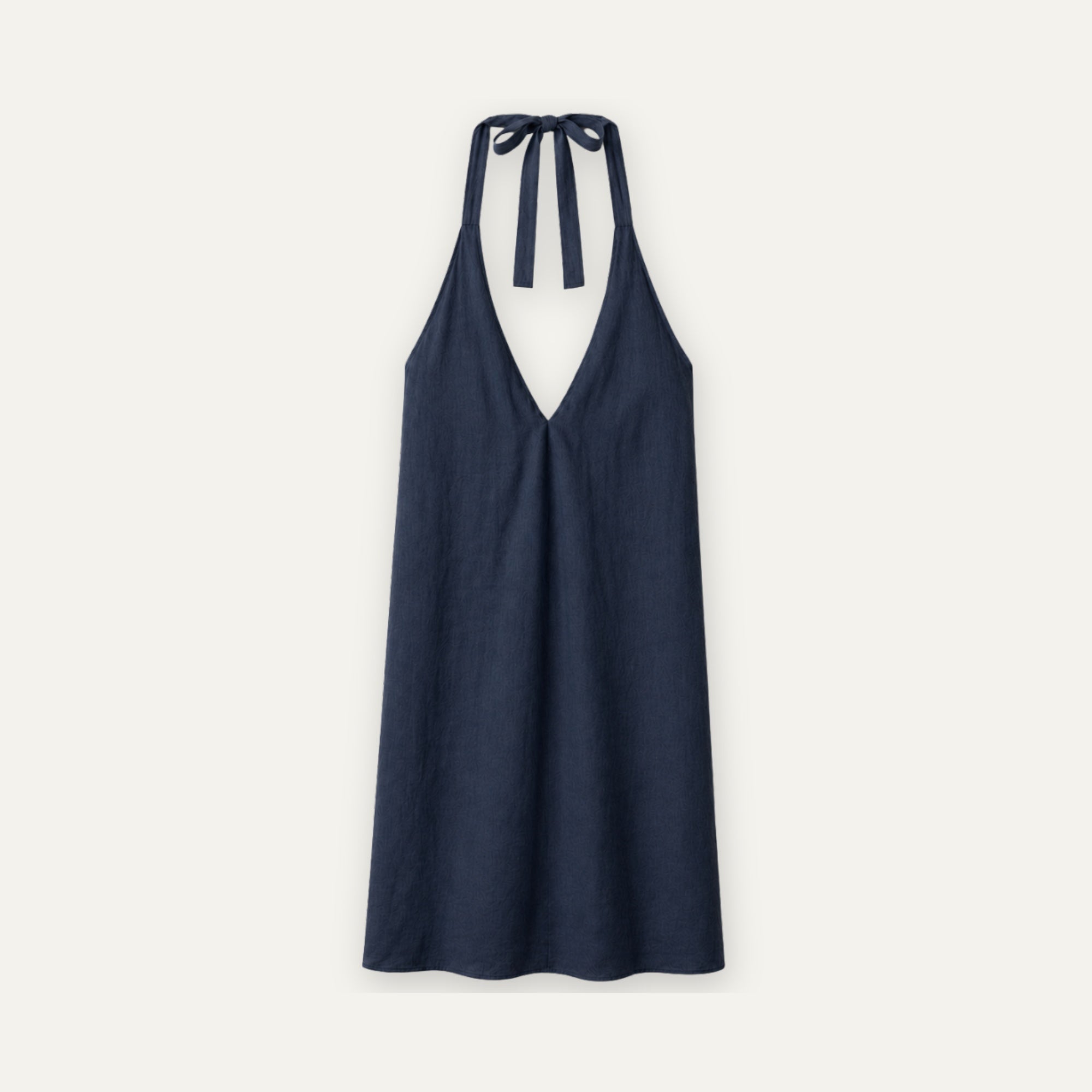 Vestito halter in lino blu navy, vista frontale, con scollo e silhouette del vestito